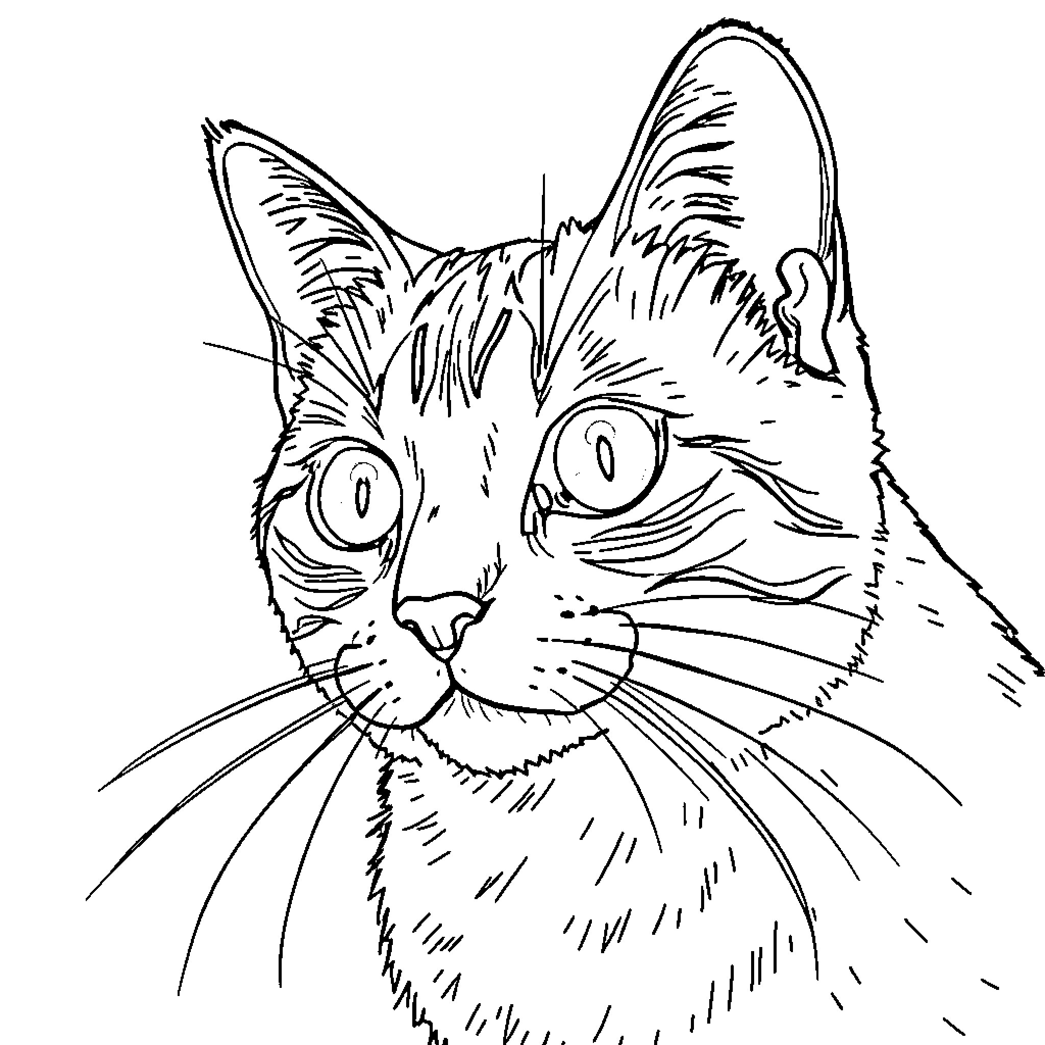 Catseye portrait of a curious feline Coloring Page (free black-and-white line drawing printable PDF for all, from beginners to advanced learners, including children, teens, adults, and seniors)