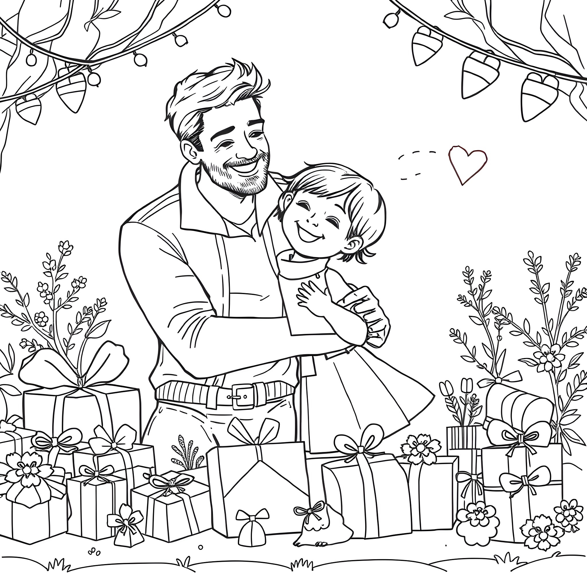 Father embracing child amid festive decor Coloring Page (free black-and-white line drawing printable PDF for all, from beginners to advanced learners, including children, teens, adults, and seniors)