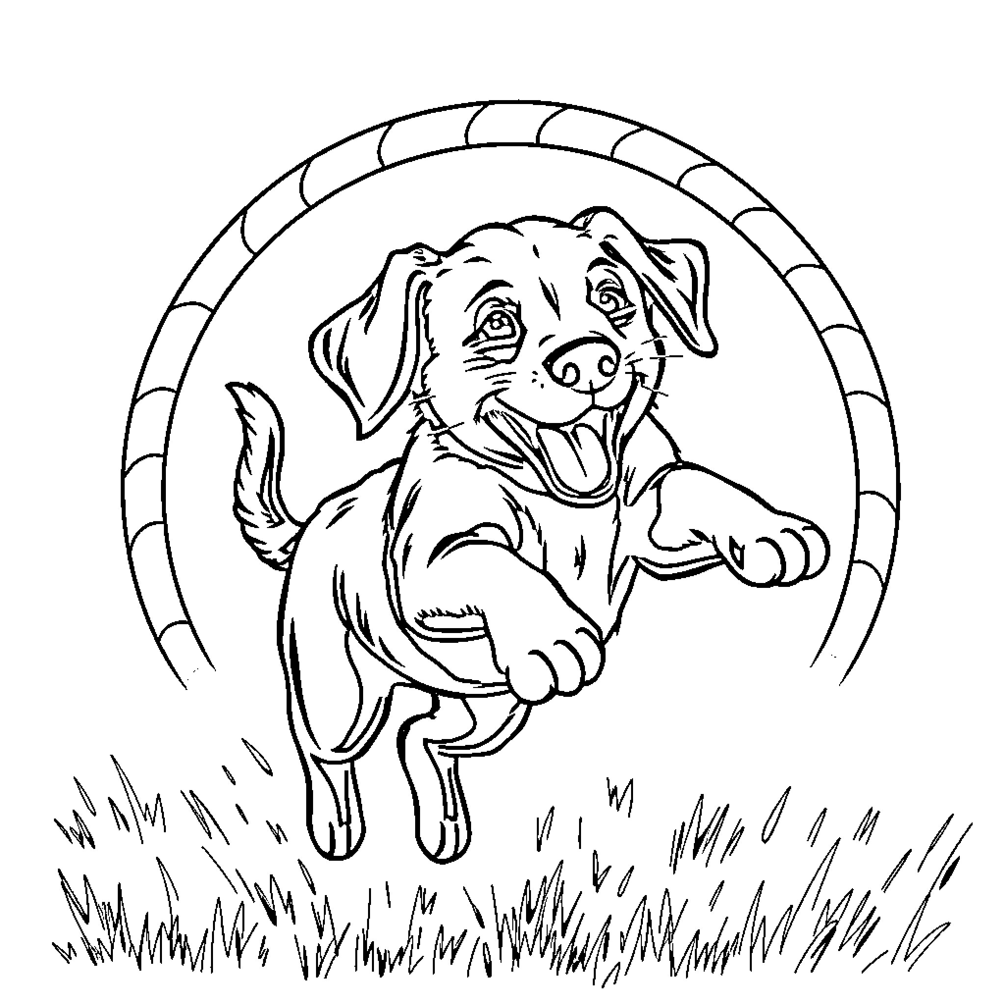 Labrador playing happily in the park Coloring Page (free black-and-white line drawing printable PDF for all, from beginners to advanced learners, including children, teens, adults, and seniors)