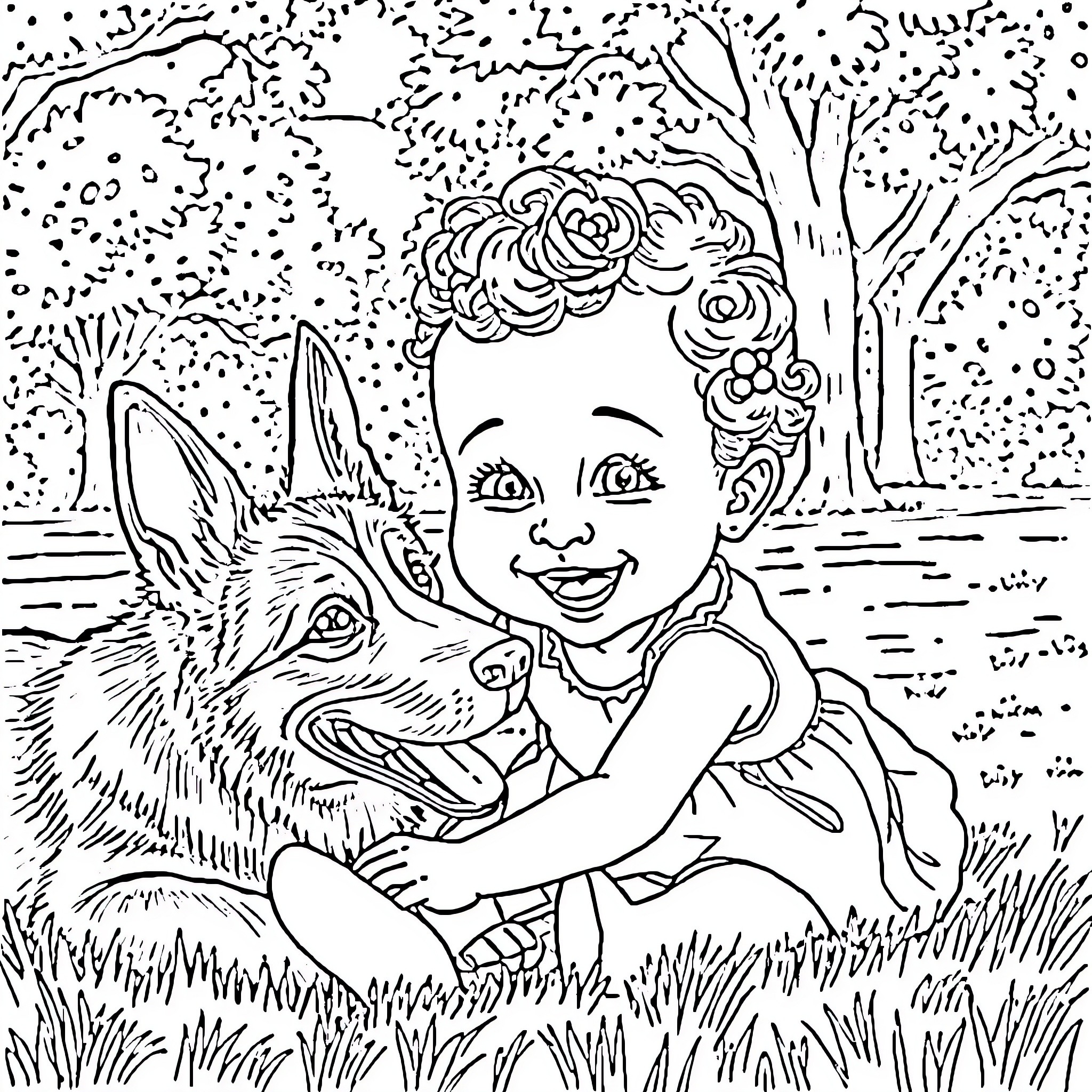 Girl playing with friendly dog in nature Coloring Page (free black-and-white line drawing printable PDF for all, from beginners to advanced learners, including children, teens, adults, and seniors)
