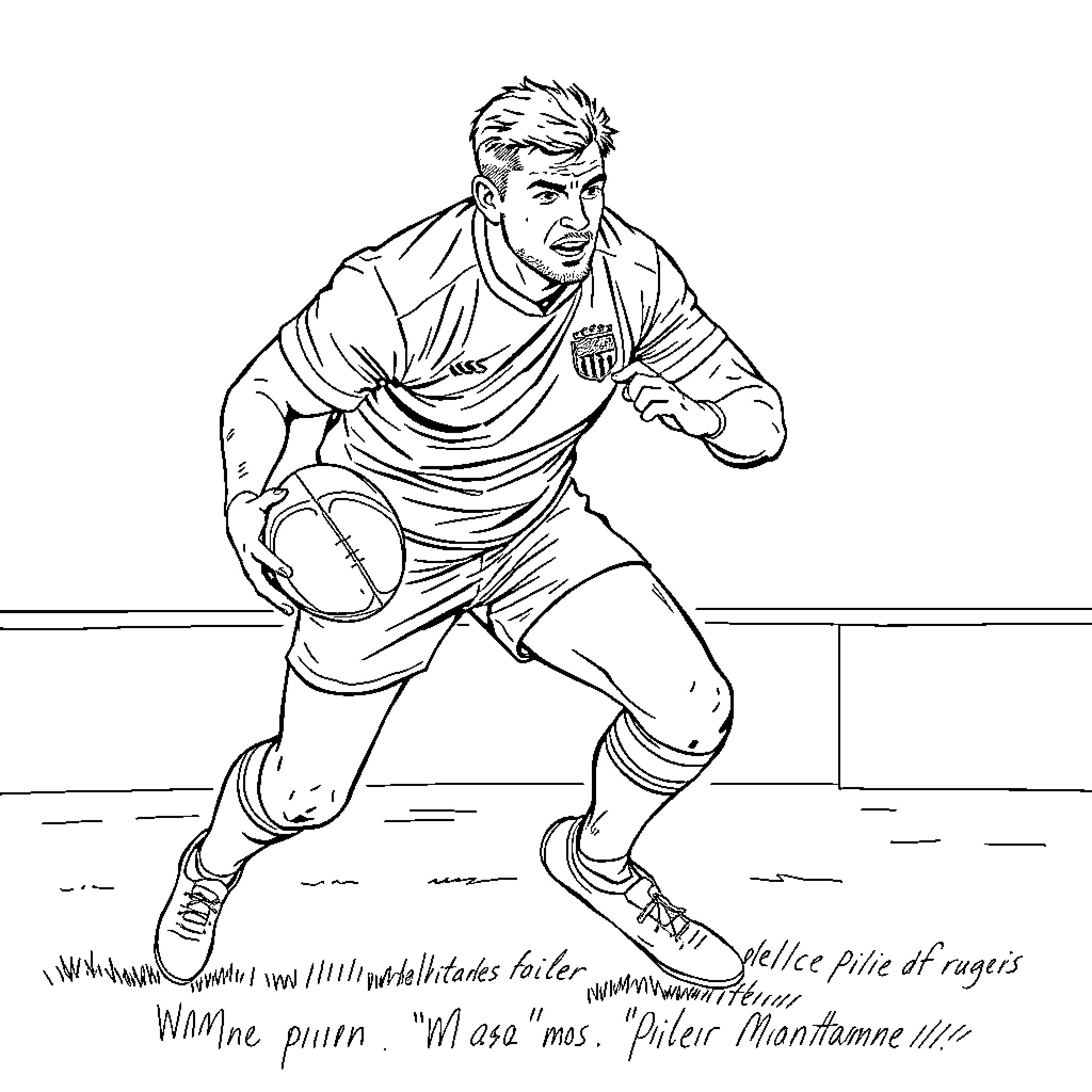 Rugby player in action with ball Coloring Page (free black-and-white line drawing printable PDF for all, from beginners to advanced learners, including children, teens, adults, and seniors)