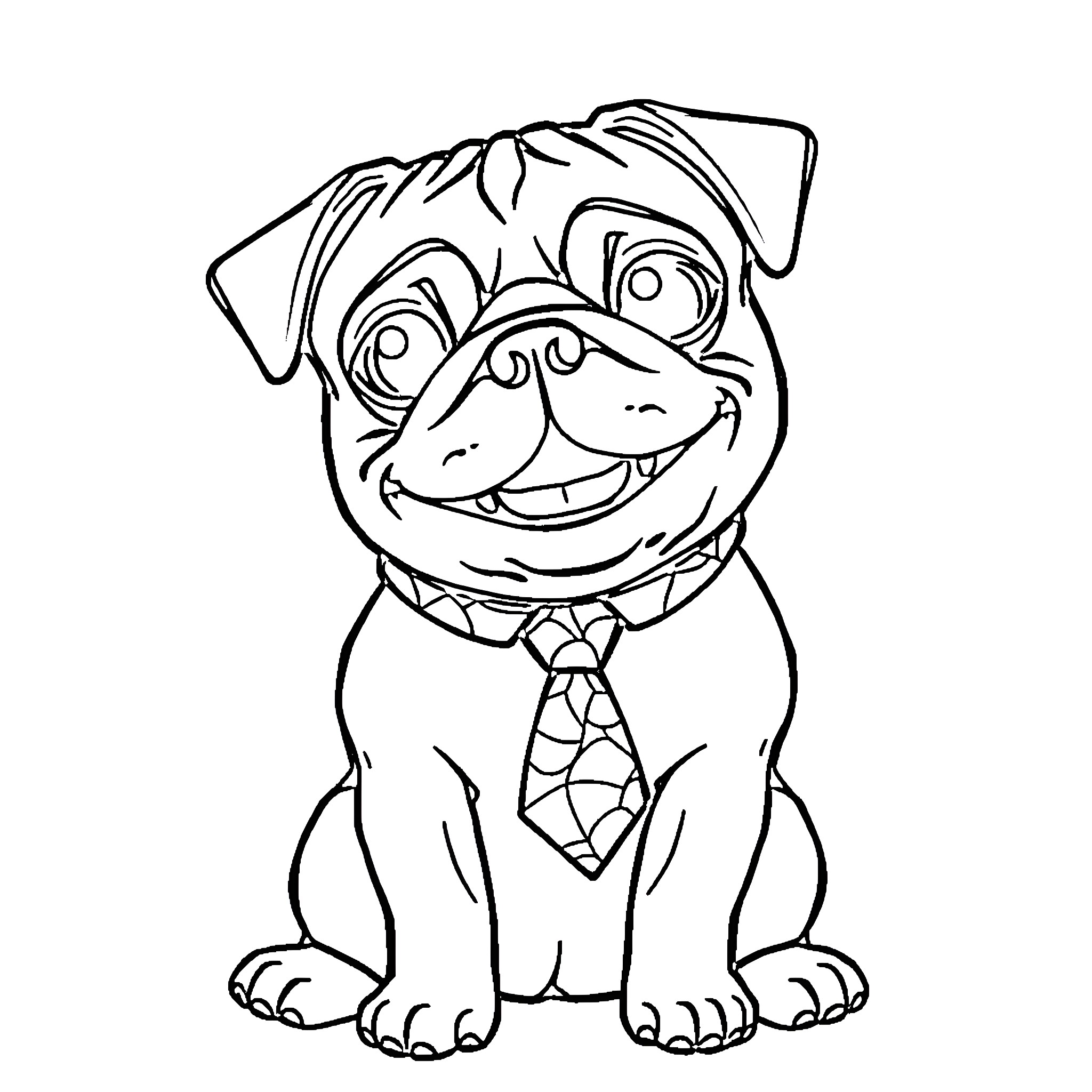 Pug wearing a tie and smiling Coloring Page (free black-and-white line drawing printable PDF for all, from beginners to advanced learners, including children, teens, adults, and seniors)