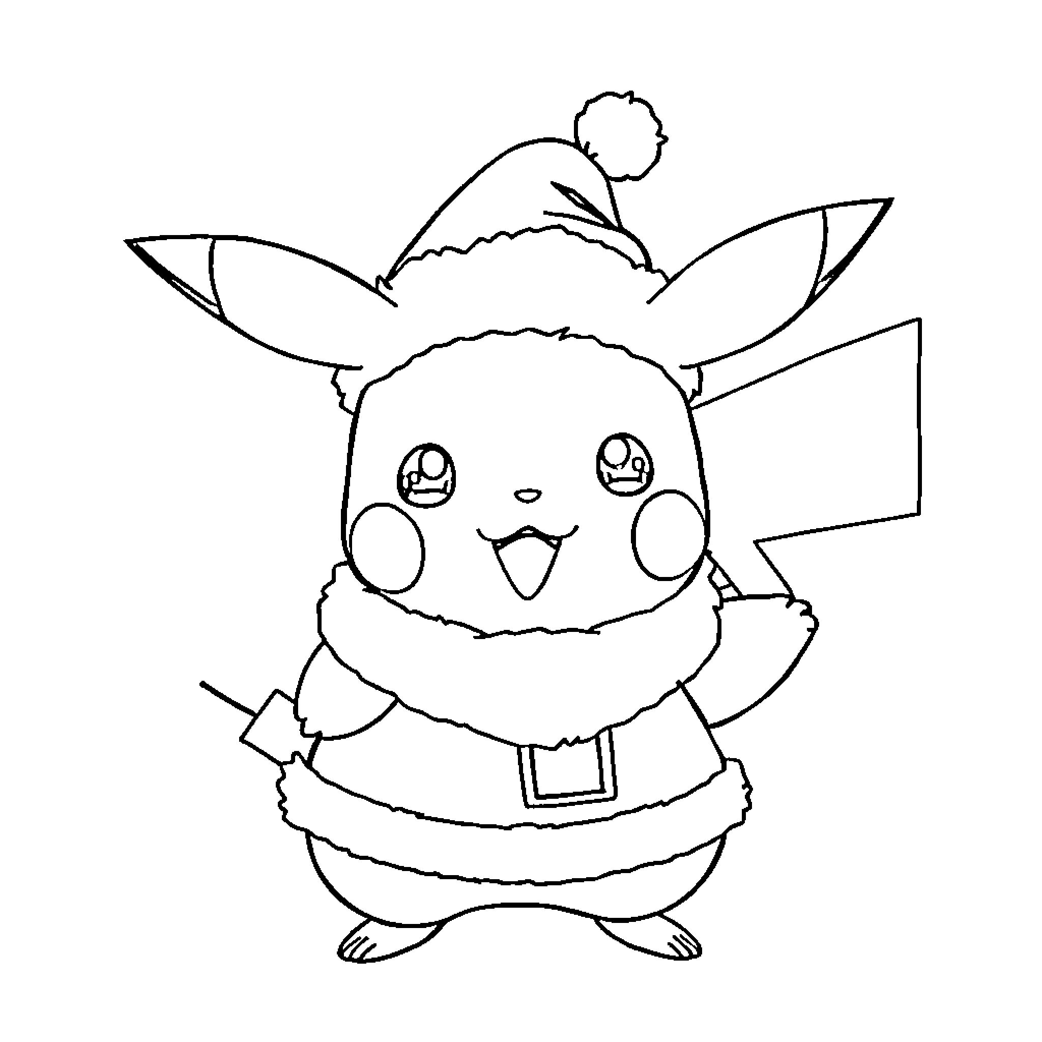 Pikachu wearing a festive Santa hat Coloring Page (free black-and-white line drawing printable PDF for all, from beginners to advanced learners, including children, teens, adults, and seniors)