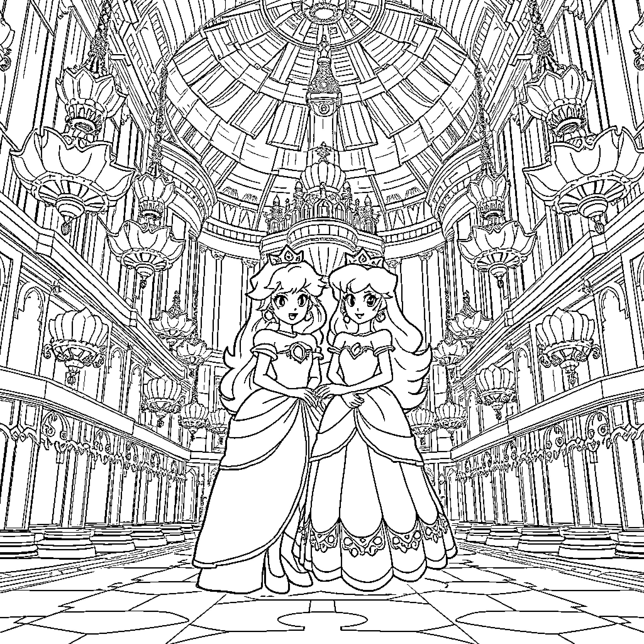 Princess Sisters in Elegant Palace Hall Coloring Page (free black-and-white line drawing printable PDF for all, from beginners to advanced learners, including children, teens, adults, and seniors)