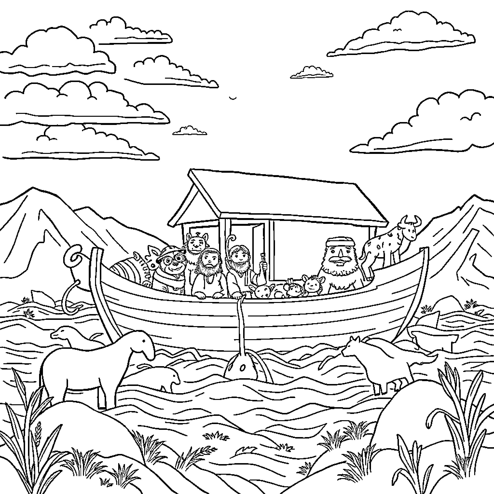 Noah's Ark Adventure with Animals and People Coloring Page (free black-and-white line drawing printable PDF for all, from beginners to advanced learners, including children, teens, adults, and seniors)