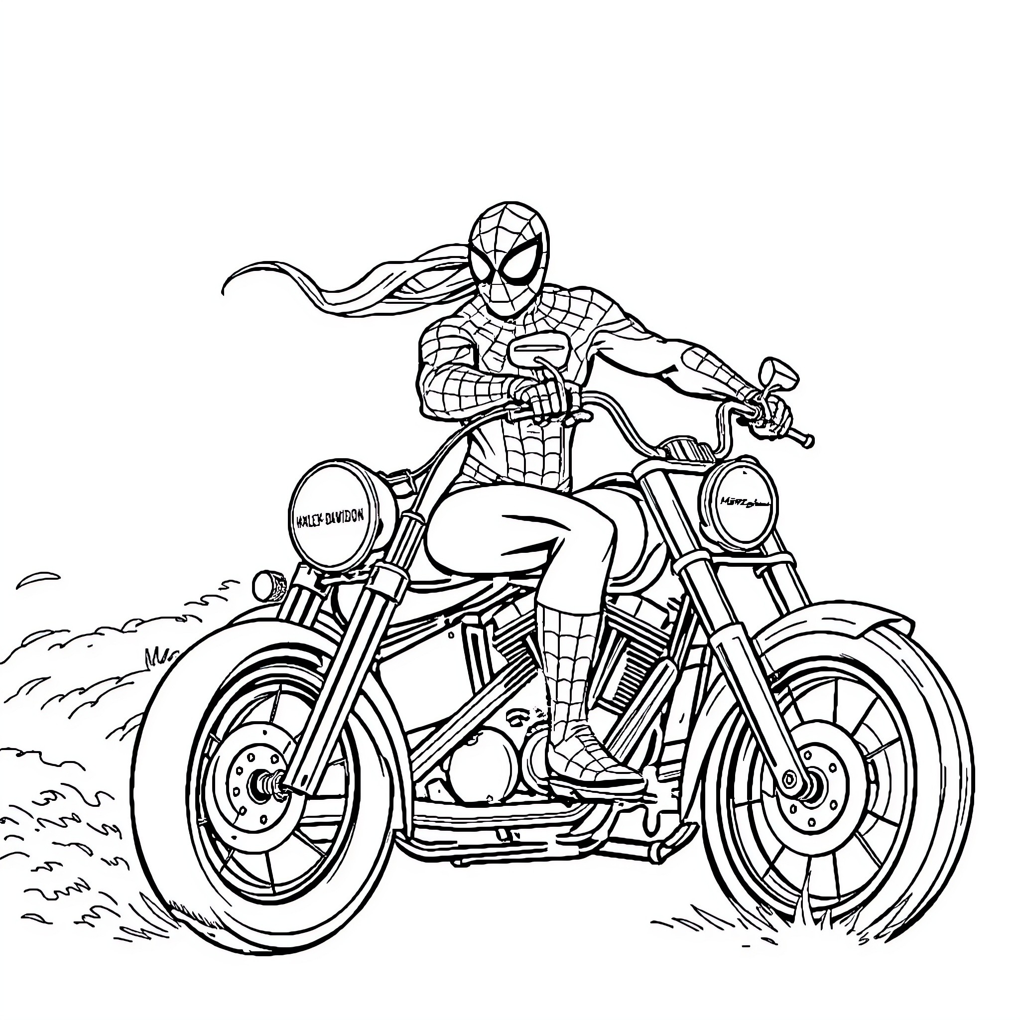 Spider-Man riding a motorcycle in action Coloring Page (free black-and-white line drawing printable PDF for all, from beginners to advanced learners, including children, teens, adults, and seniors)