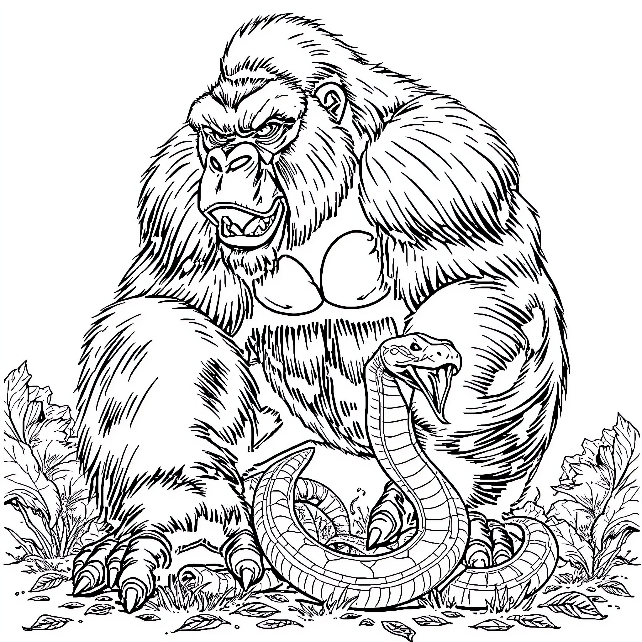 Gorilla guarding its territory against a snake Coloring Page (free black-and-white line drawing printable PDF for all, from beginners to advanced learners, including children, teens, adults, and seniors)