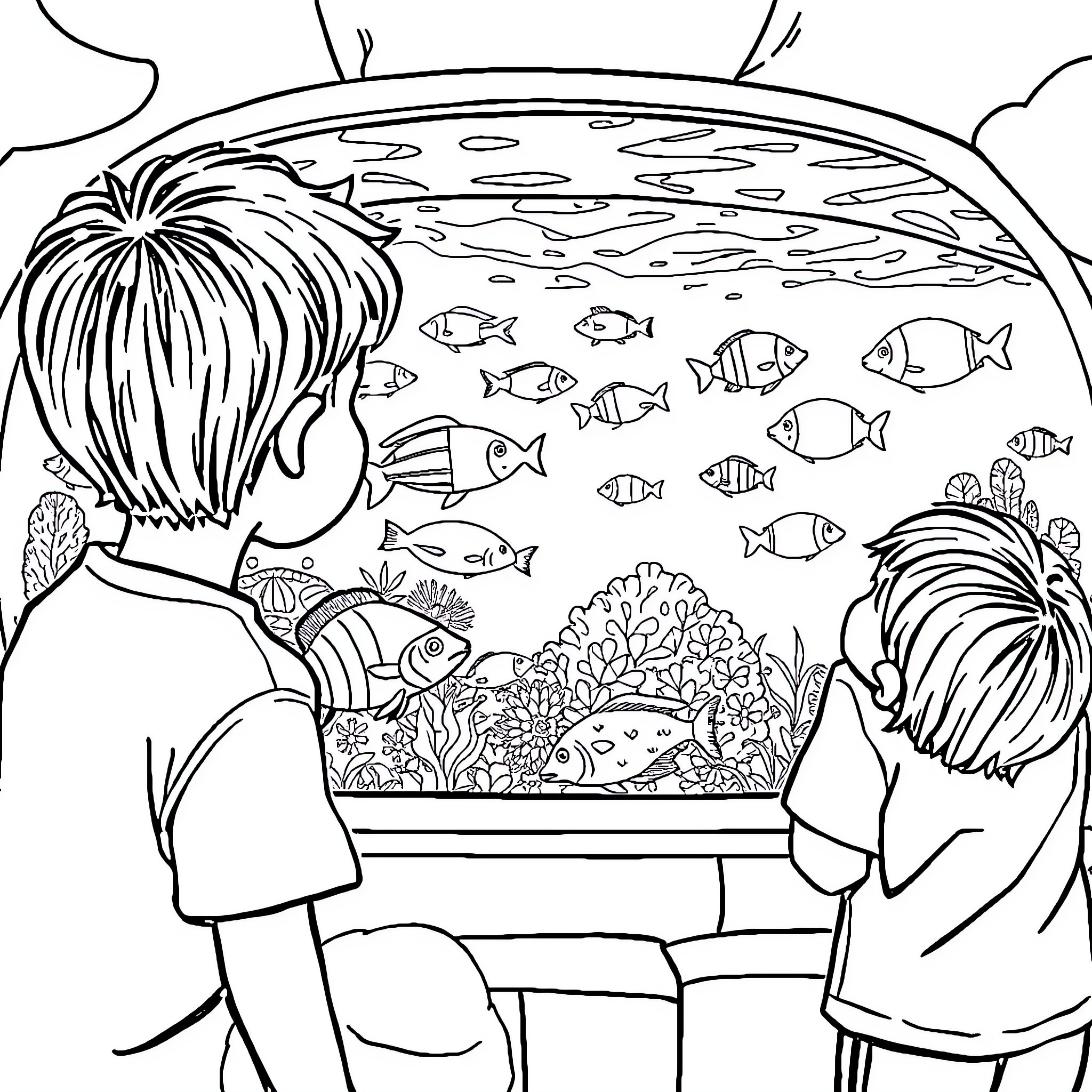 Child exploring underwater aquarium with colorful fish Coloring Page (free black-and-white line drawing printable PDF for all, from beginners to advanced learners, including children, teens, adults, and seniors)
