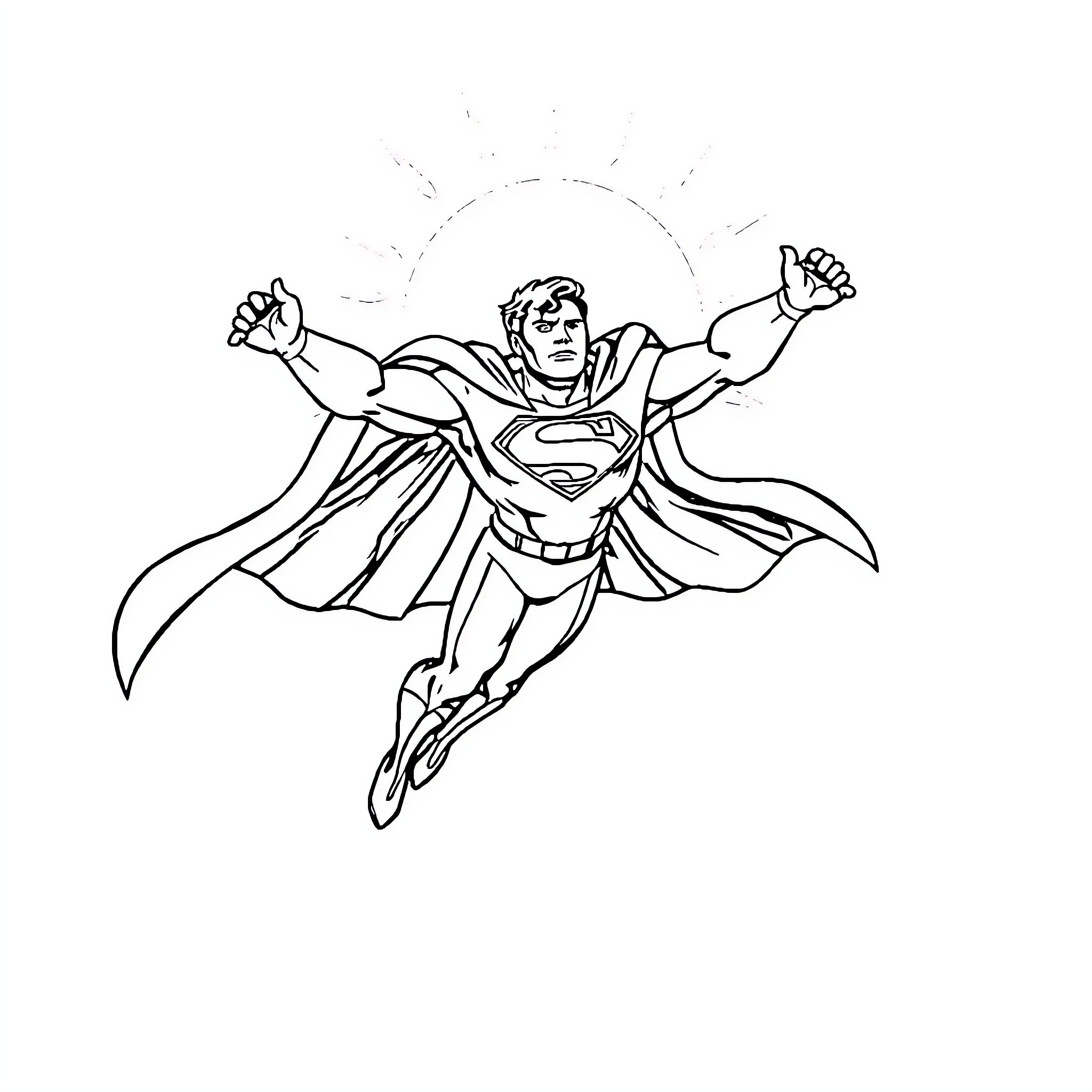 Superman heroically soaring through the sky Coloring Page (free black-and-white line drawing printable PDF for all, from beginners to advanced learners, including children, teens, adults, and seniors)