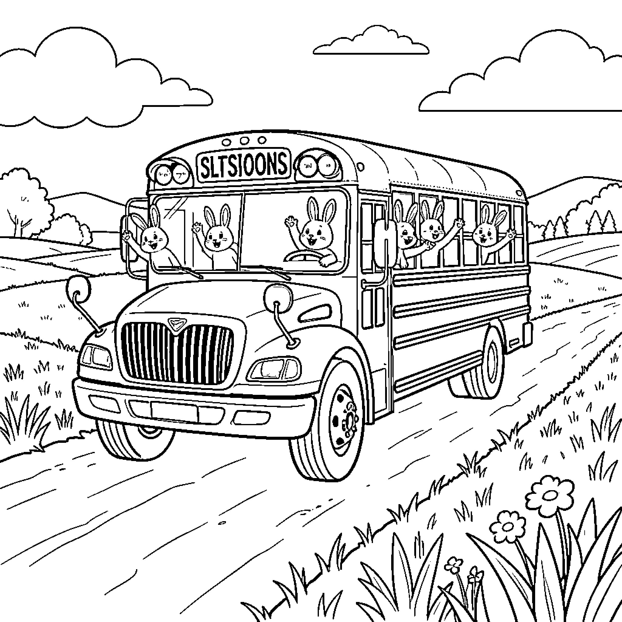School Bus Transporting Cheerful Cartoon Characters Coloring Page (free black-and-white line drawing printable PDF for all, from beginners to advanced learners, including children, teens, adults, and seniors)