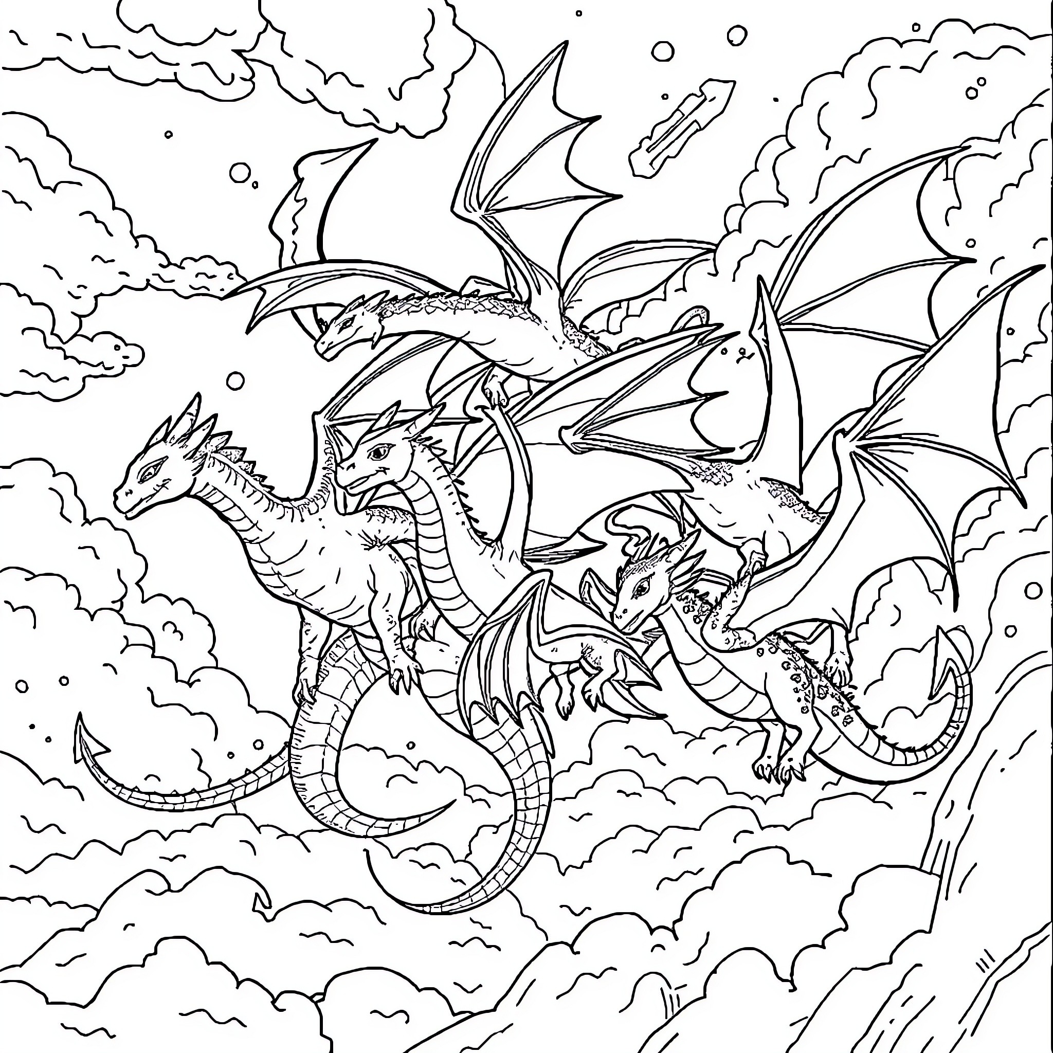 Dragon soaring through the clouds and skies Coloring Page (free black-and-white line drawing printable PDF for all, from beginners to advanced learners, including children, teens, adults, and seniors)