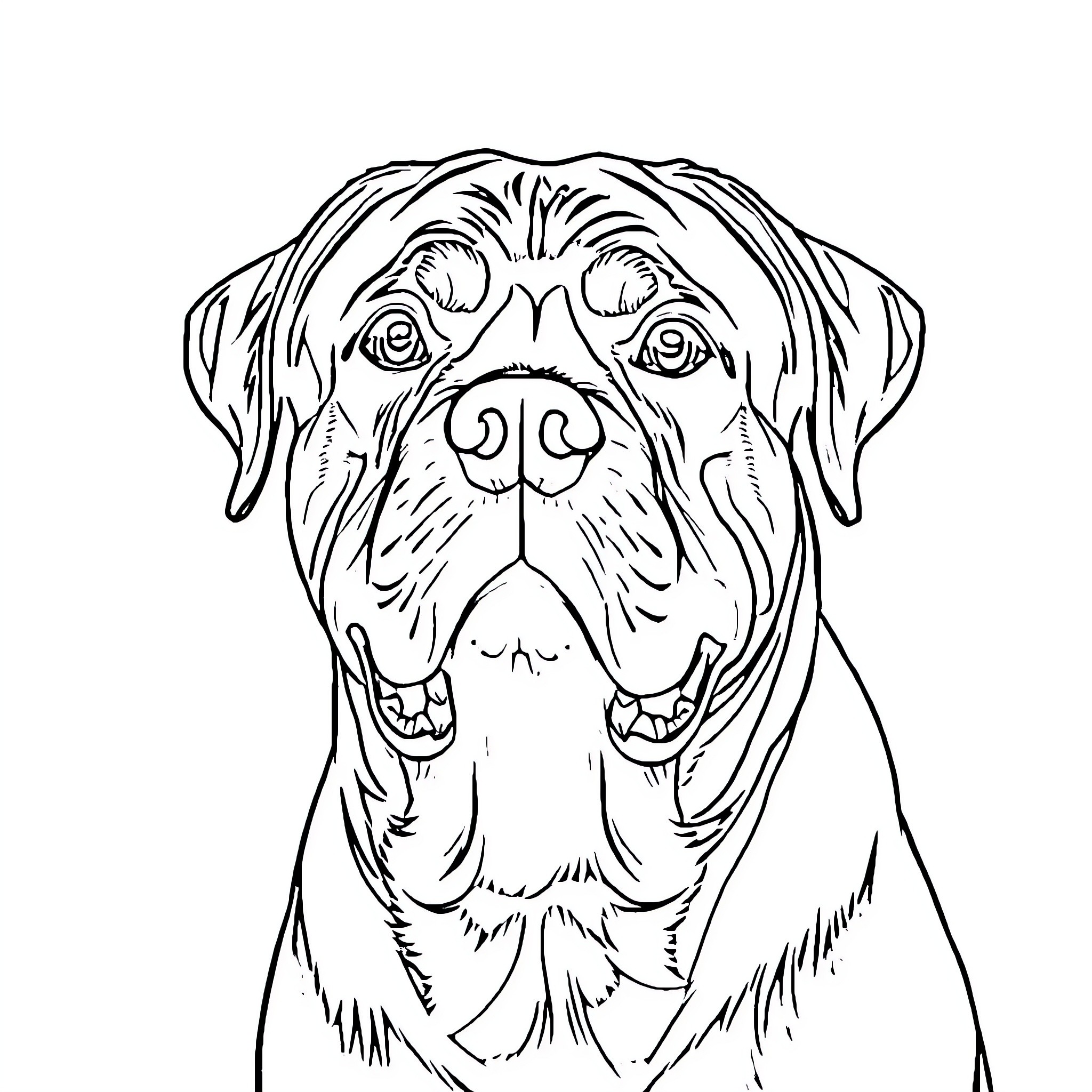 Rottweiler dog with alert expression Coloring Page (free black-and-white line drawing printable PDF for all, from beginners to advanced learners, including children, teens, adults, and seniors)