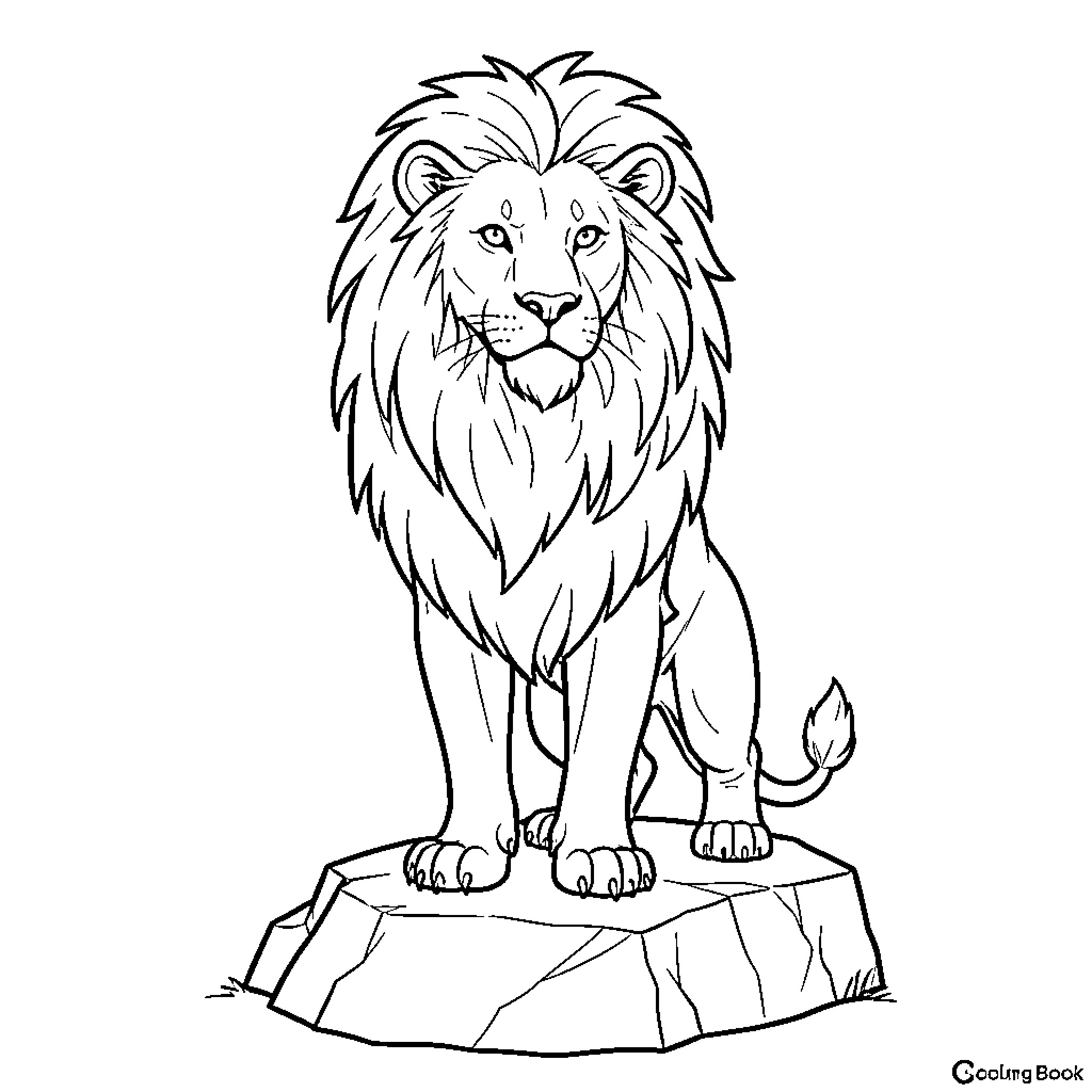 Singa standing majestically on top of a rock Coloring Page (free black-and-white line drawing printable PDF for all, from beginners to advanced learners, including children, teens, adults, and seniors)