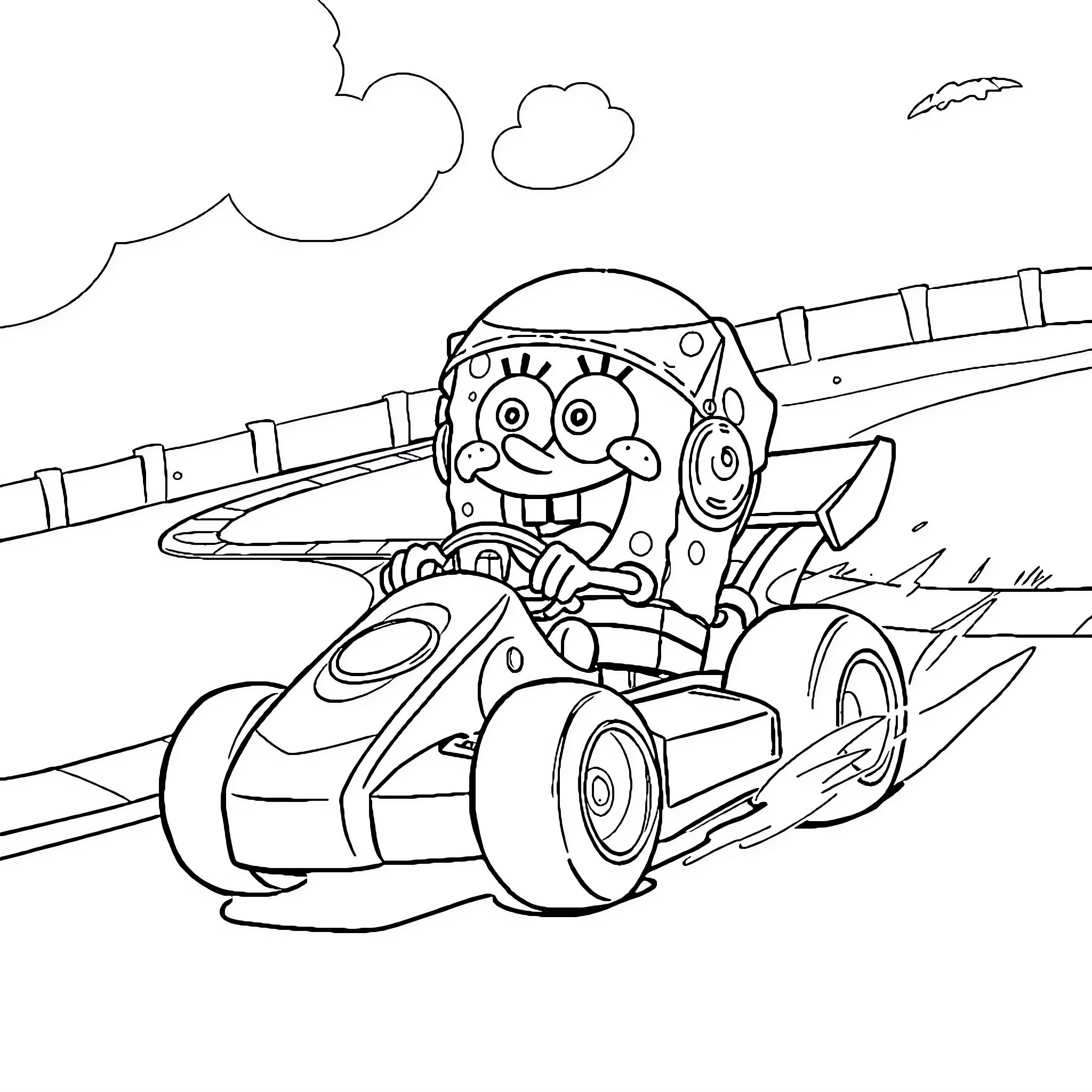 Spongebob racing happily in his roadster Coloring Page (free black-and-white line drawing printable PDF for all, from beginners to advanced learners, including children, teens, adults, and seniors)