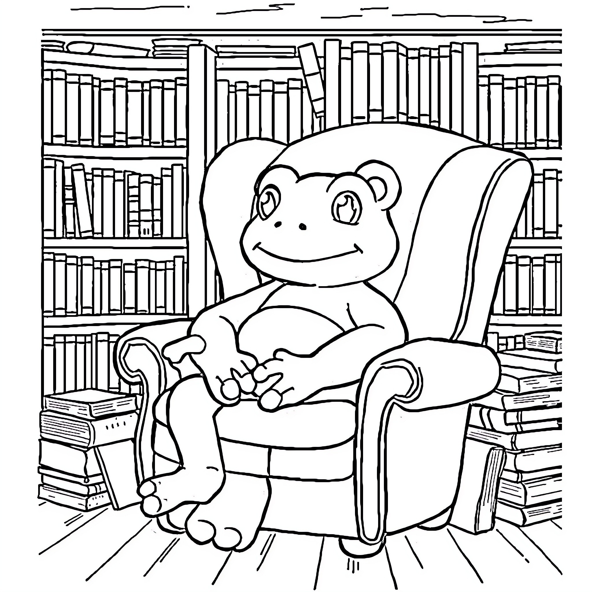 Bear reading books in a library Coloring Page (free black-and-white line drawing printable PDF for all, from beginners to advanced learners, including children, teens, adults, and seniors)