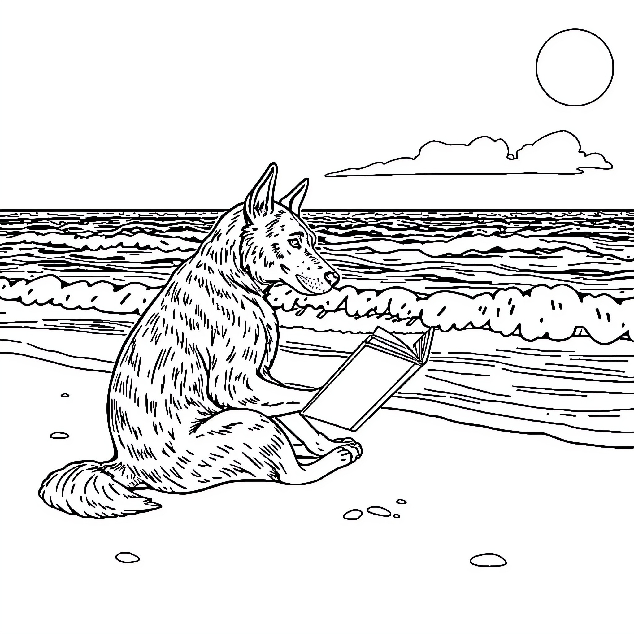 Perro reading a book on the beach Coloring Page (free black-and-white line drawing printable PDF for all, from beginners to advanced learners, including children, teens, adults, and seniors)