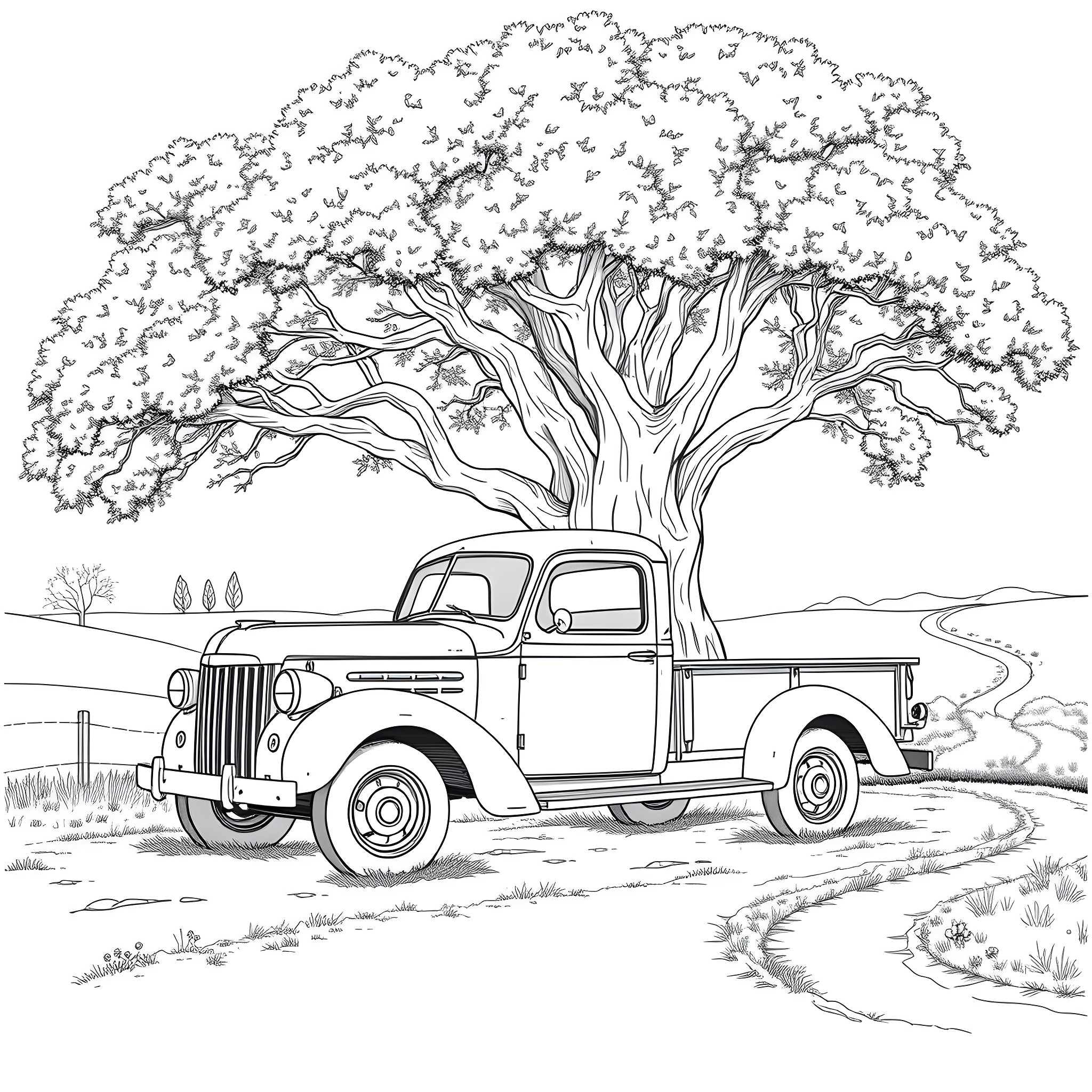 Truck parked under a lush, towering tree Coloring Page (free black-and-white line drawing printable PDF for all, from beginners to advanced learners, including children, teens, adults, and seniors)