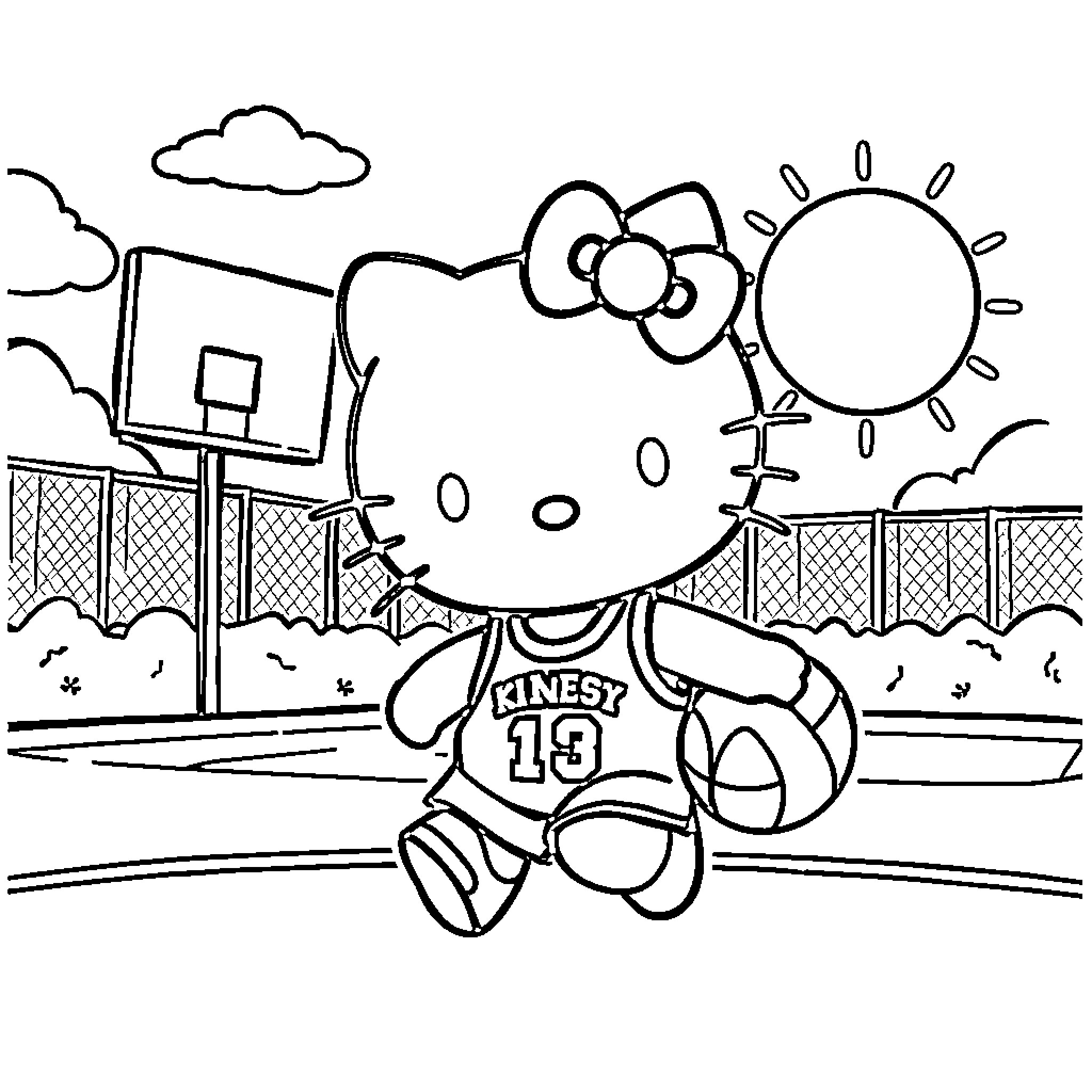 Hello Kitty playing basketball on sunny day Coloring Page (free black-and-white line drawing printable PDF for all, from beginners to advanced learners, including children, teens, adults, and seniors)