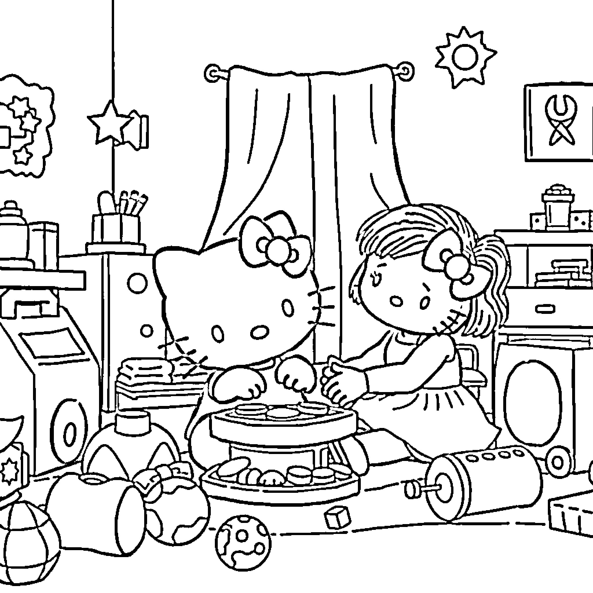 Hello Kitty baking cookies in her kitchen Coloring Page (free black-and-white line drawing printable PDF for all, from beginners to advanced learners, including children, teens, adults, and seniors)