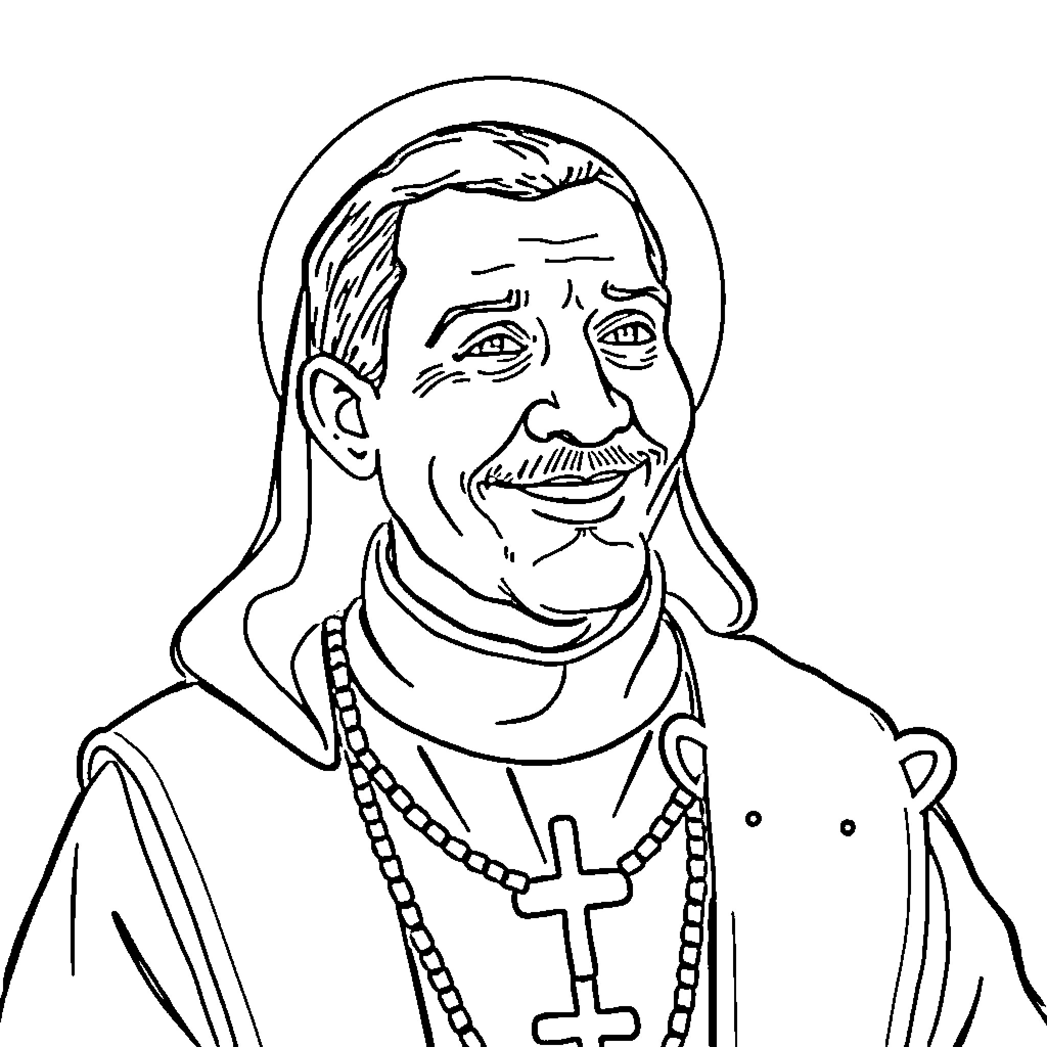 San Martin de Porres in religious attire Coloring Page (free black-and-white line drawing printable PDF for all, from beginners to advanced learners, including children, teens, adults, and seniors)