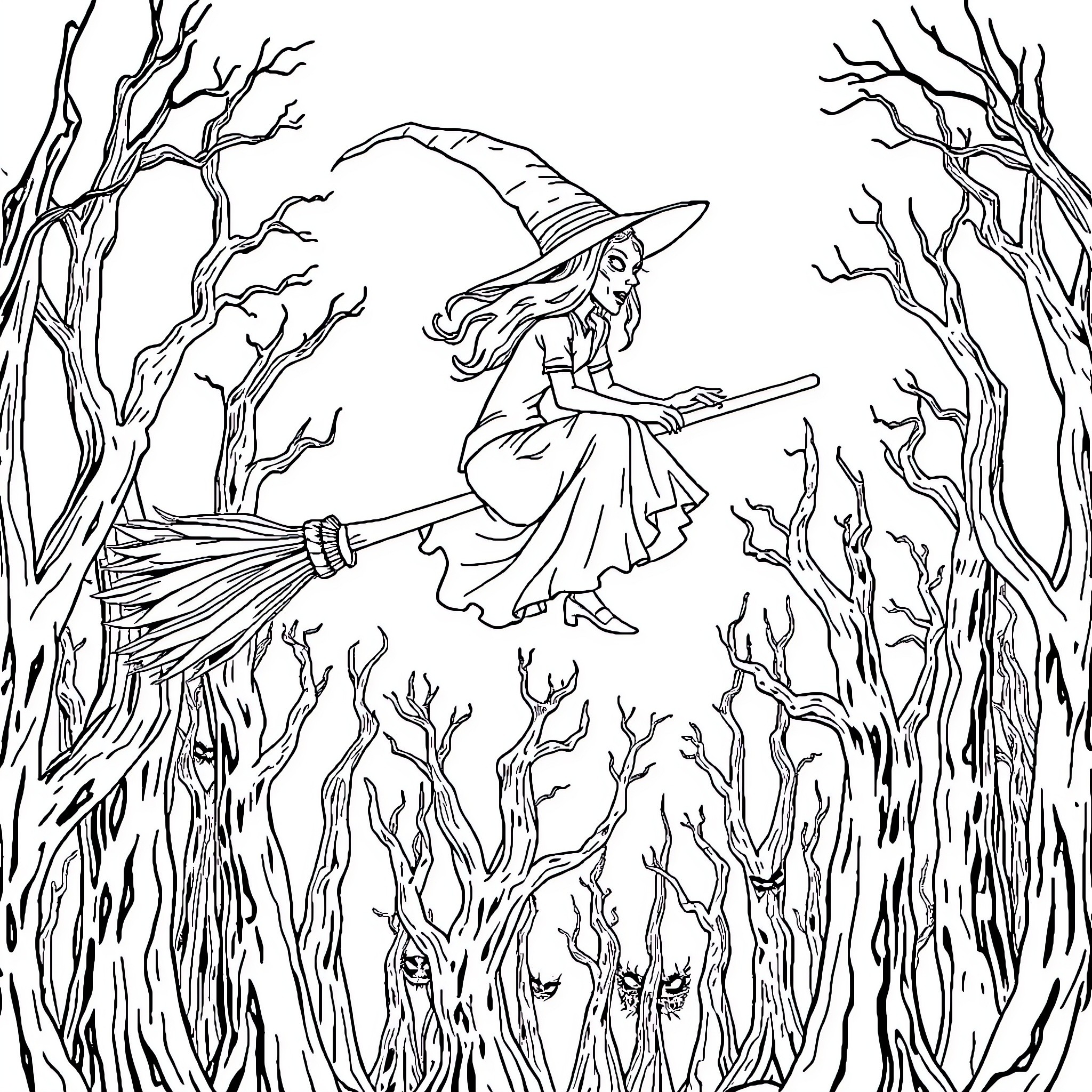 Witch Soaring Over Enchanted Forest Coloring Page (free black-and-white line drawing printable PDF for all, from beginners to advanced learners, including children, teens, adults, and seniors)