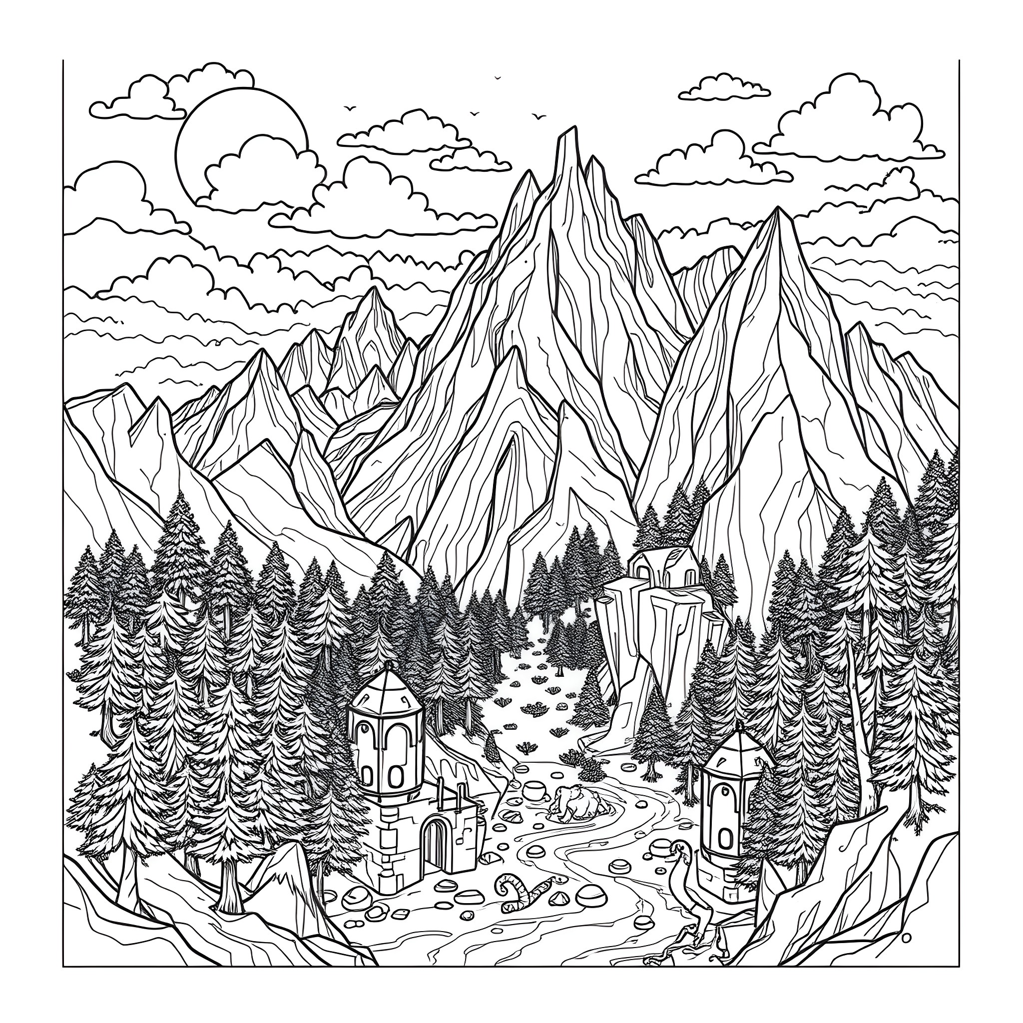 Minecraft mountain landscape with fantasy buildings Coloring Page (free black-and-white line drawing printable PDF for all, from beginners to advanced learners, including children, teens, adults, and seniors)