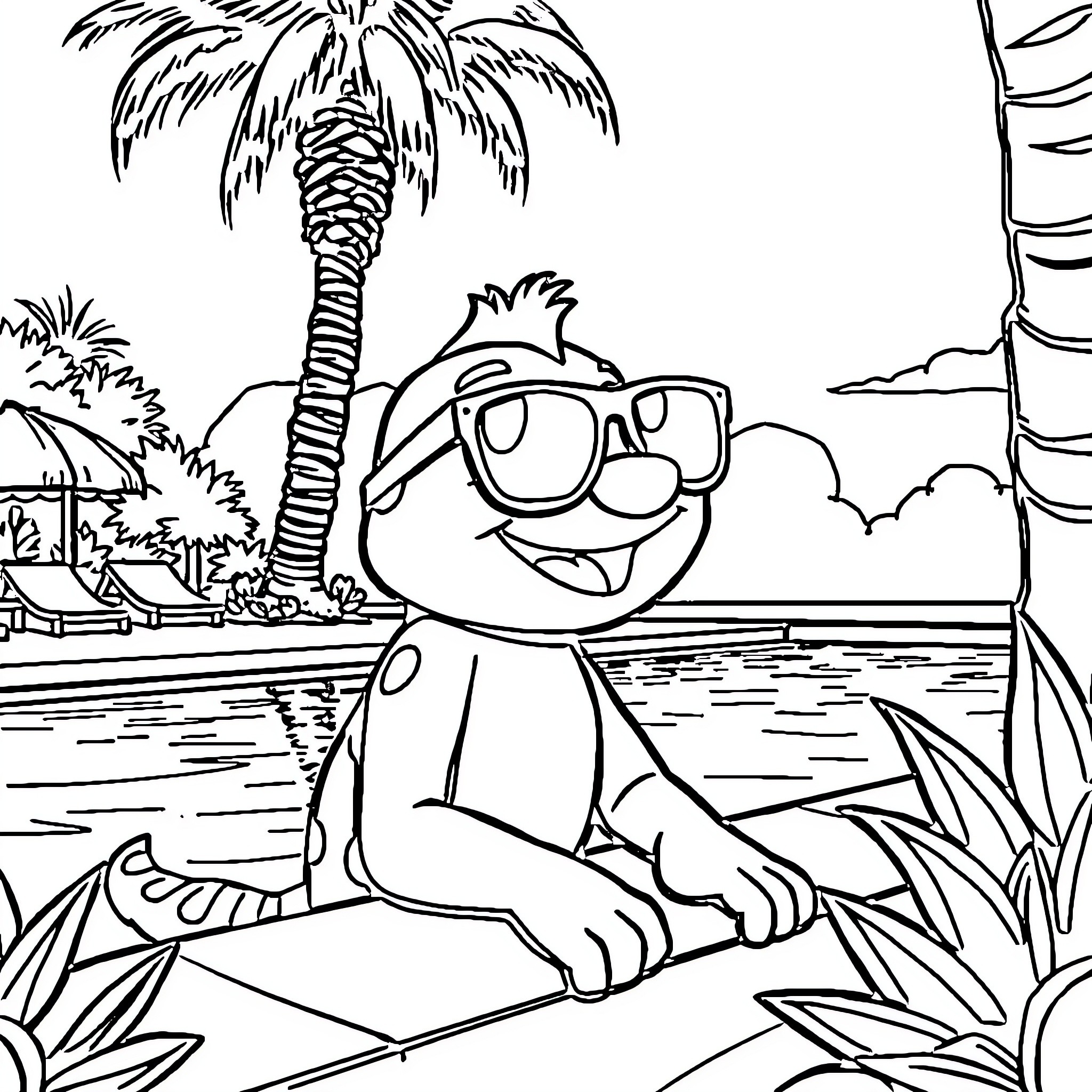 Marcus enjoying a sunny day at the beach Coloring Page (free black-and-white line drawing printable PDF for all, from beginners to advanced learners, including children, teens, adults, and seniors)