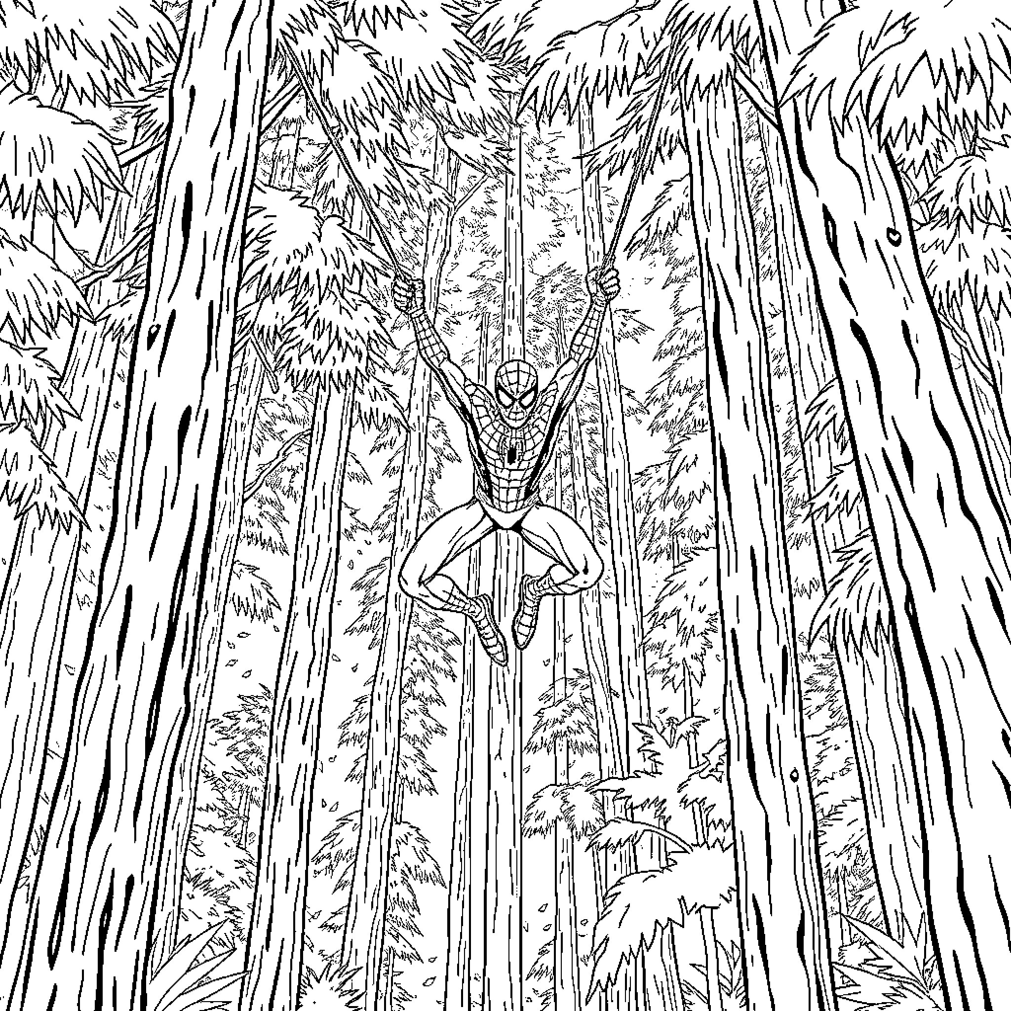 Spiderman swinging through dense forest canopy Coloring Page (free black-and-white line drawing printable PDF for all, from beginners to advanced learners, including children, teens, adults, and seniors)