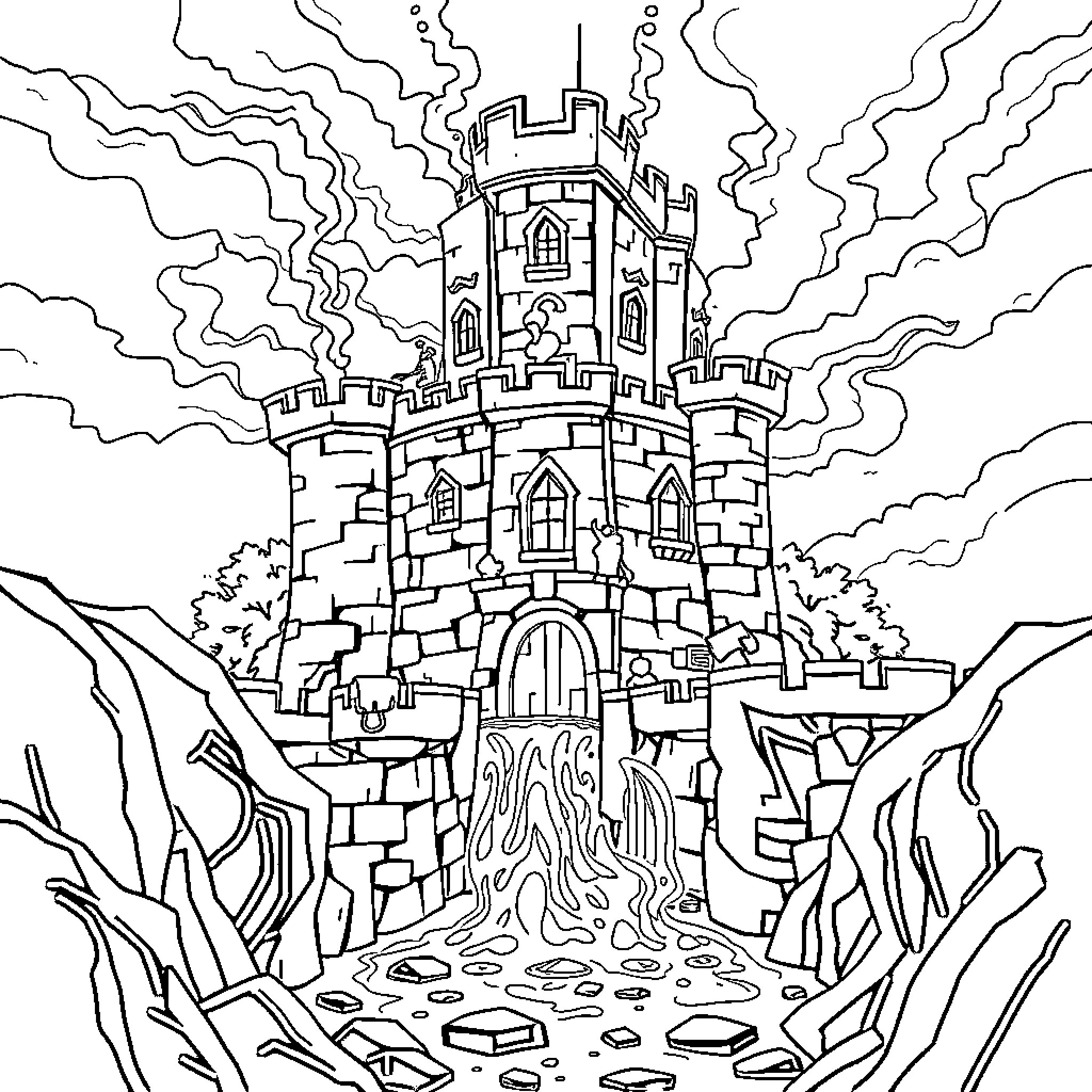 Kids exploring a mysterious castle in the clouds Coloring Page (free black-and-white line drawing printable PDF for all, from beginners to advanced learners, including children, teens, adults, and seniors)