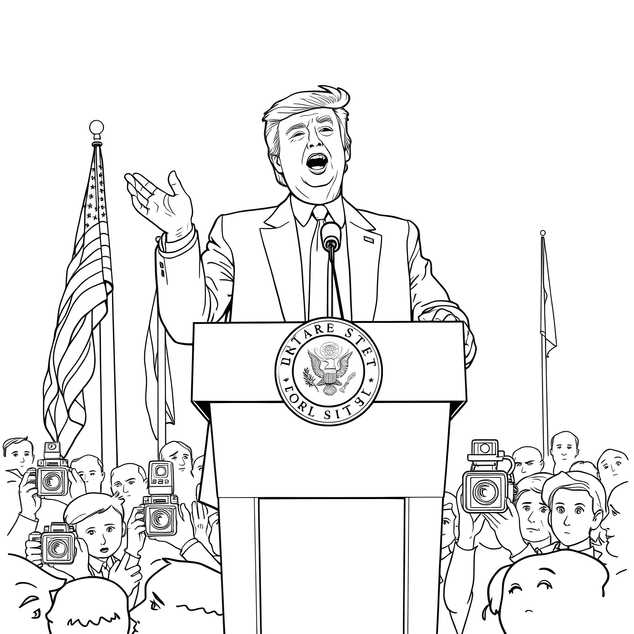 Donald Trump giving a speech at a podium with American flags Coloring Page (free black-and-white line drawing printable PDF for all, from beginners to advanced learners, including children, teens, adults, and seniors)