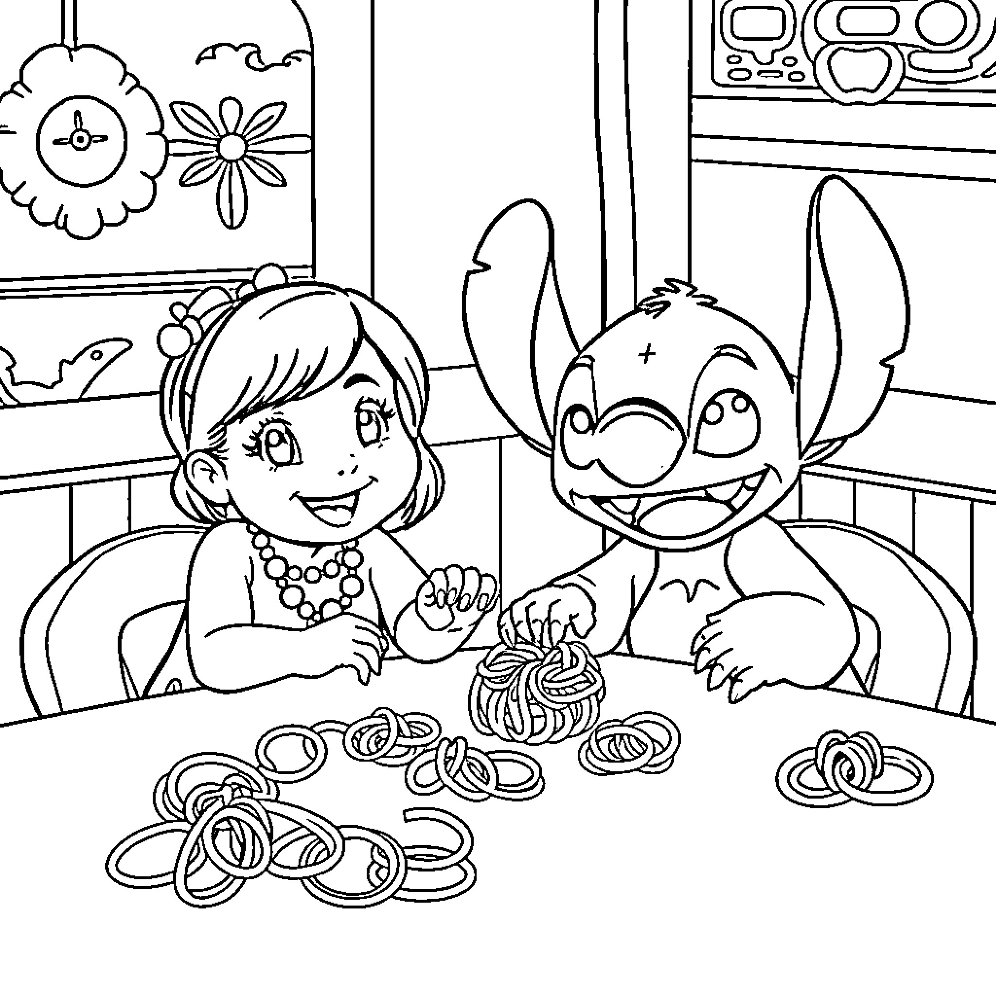 Lilo And Stitch playing with snacks in the room Coloring Page (free black-and-white line drawing printable PDF for all, from beginners to advanced learners, including children, teens, adults, and seniors)