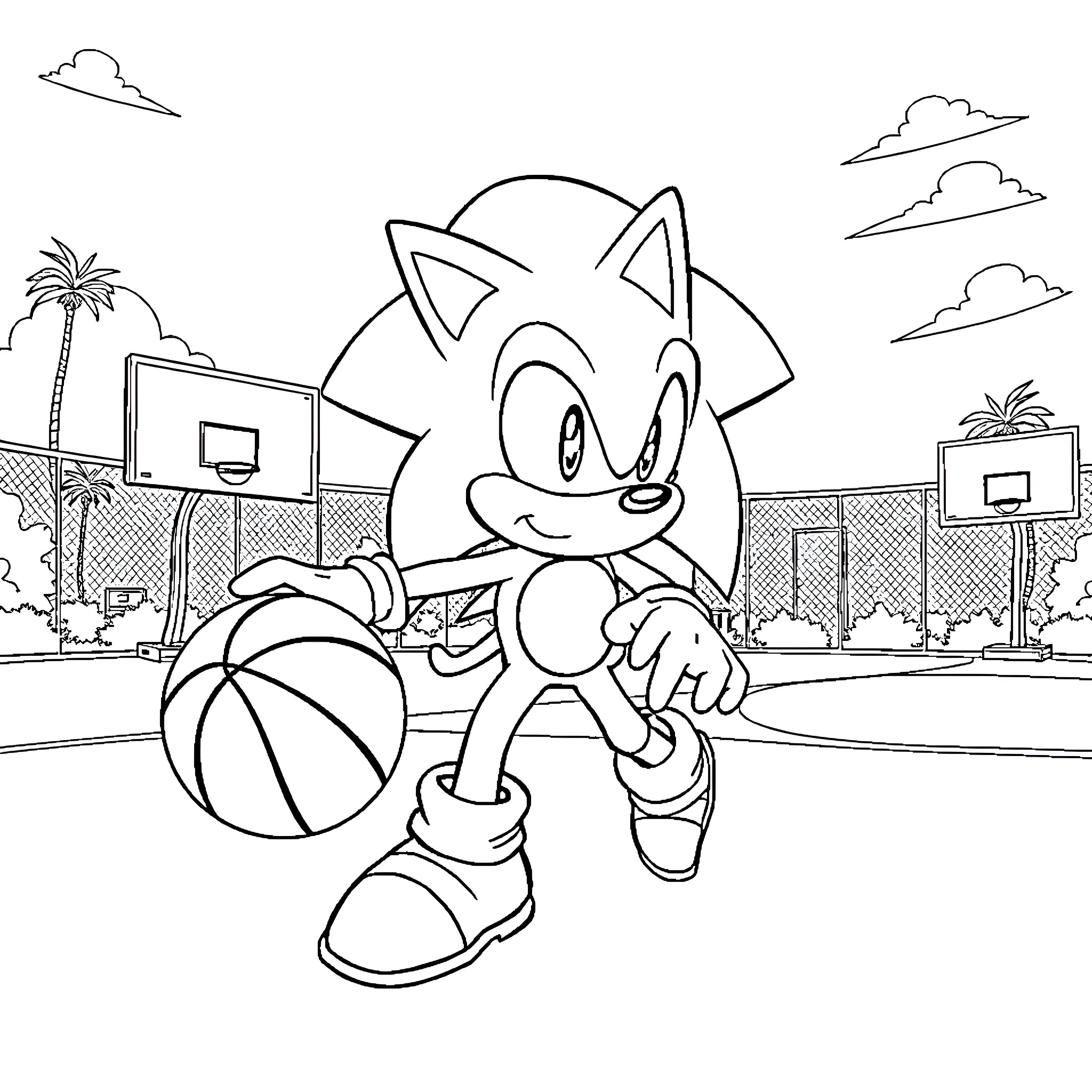 Sonic playing basketball on the court Coloring Page (free black-and-white line drawing printable PDF for all, from beginners to advanced learners, including children, teens, adults, and seniors)
