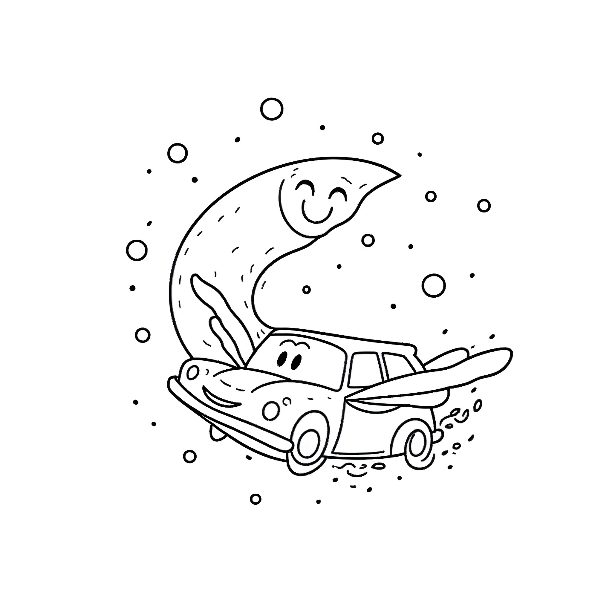 Flying Car Soaring Through the Clouds Coloring Page (free black-and-white line drawing printable PDF for all, from beginners to advanced learners, including children, teens, adults, and seniors)