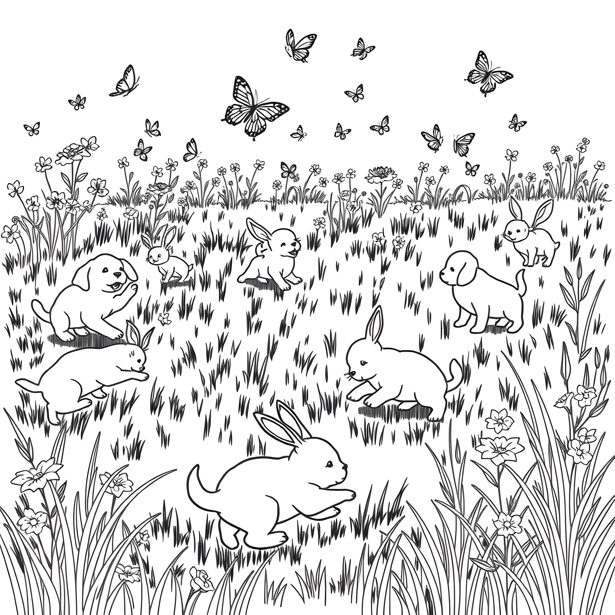Animal meadow with playful bunnies and butterflies Coloring Page (free black-and-white line drawing printable PDF for all, from beginners to advanced learners, including children, teens, adults, and seniors)