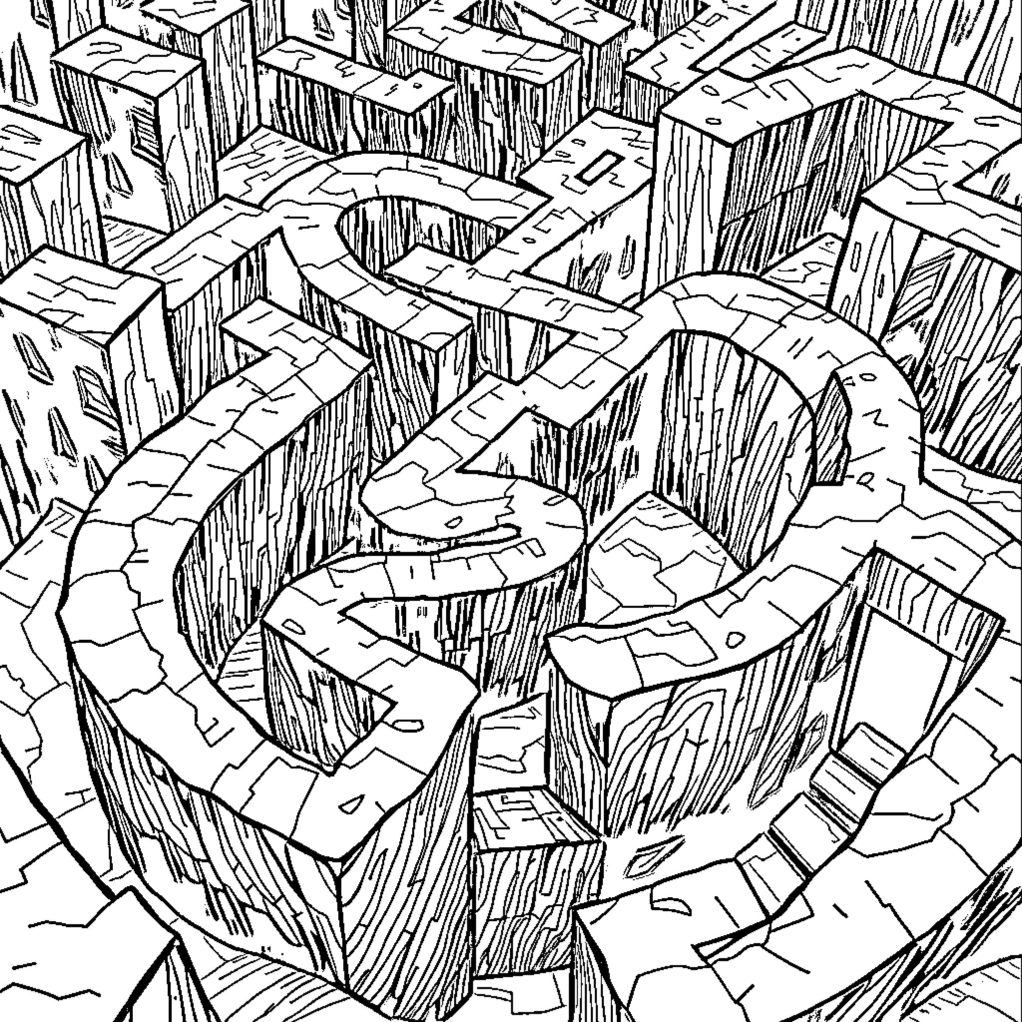Maze of Cracked and Broken Structures Coloring Page (free black-and-white line drawing printable PDF for all, from beginners to advanced learners, including children, teens, adults, and seniors)
