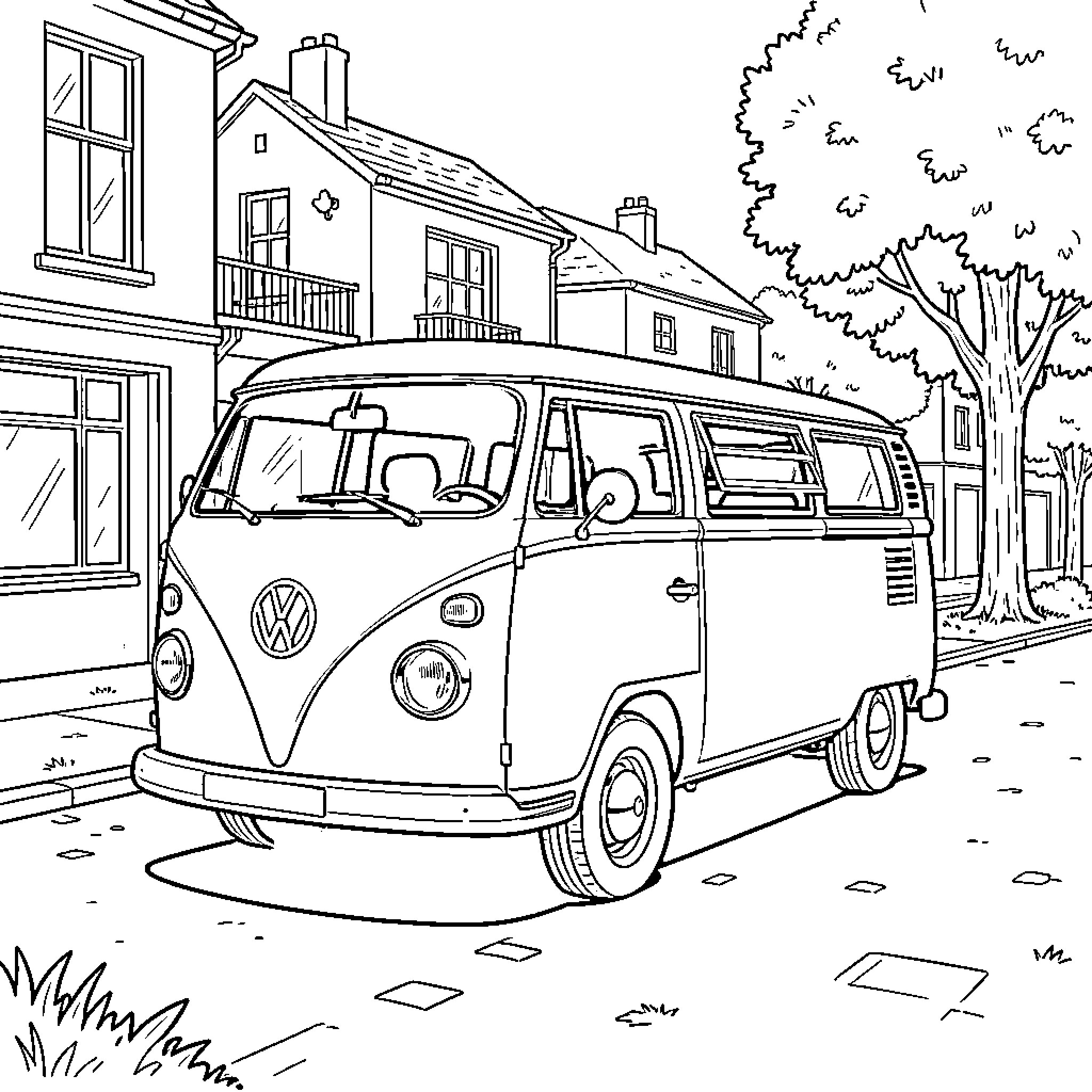 Kombi van parked on a quiet residential street Coloring Page (free black-and-white line drawing printable PDF for all, from beginners to advanced learners, including children, teens, adults, and seniors)