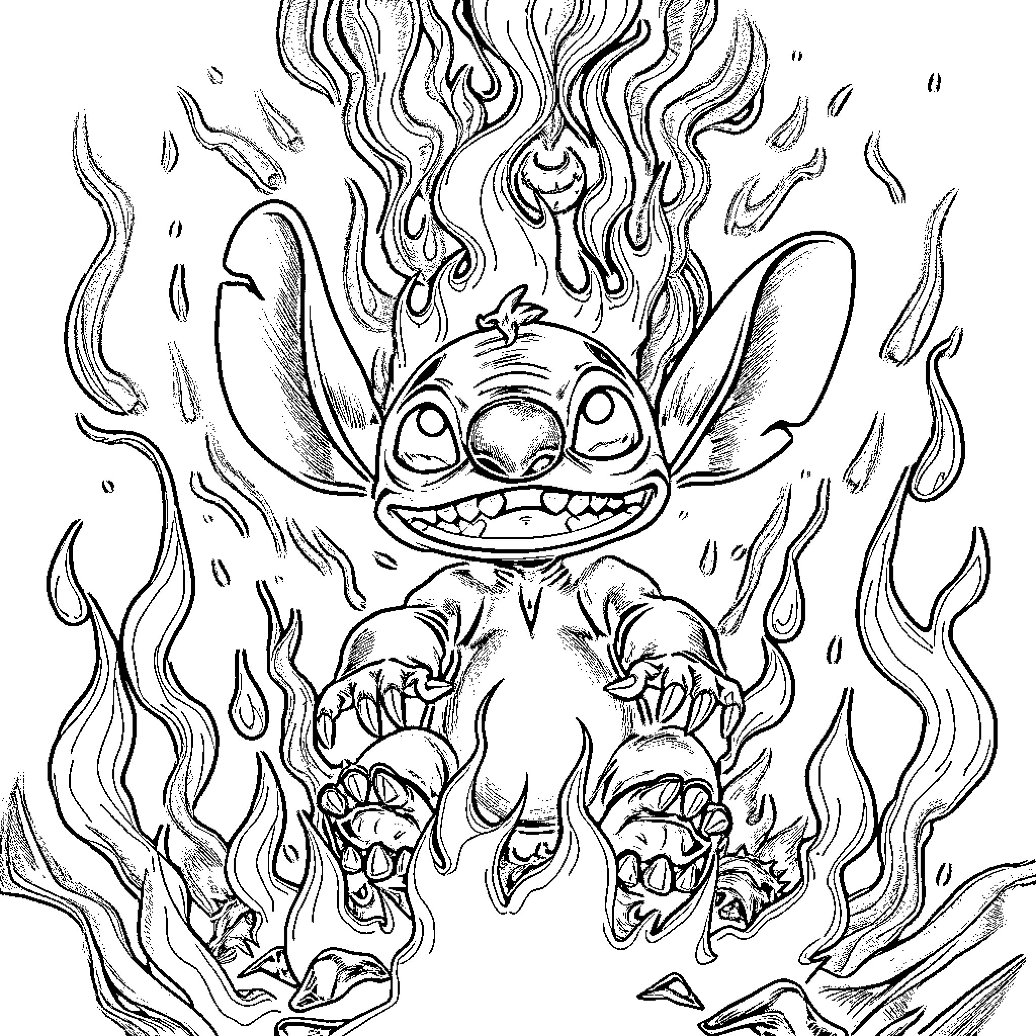 Stitch in Flames of Mischief Coloring Page (free black-and-white line drawing printable PDF for all, from beginners to advanced learners, including children, teens, adults, and seniors)