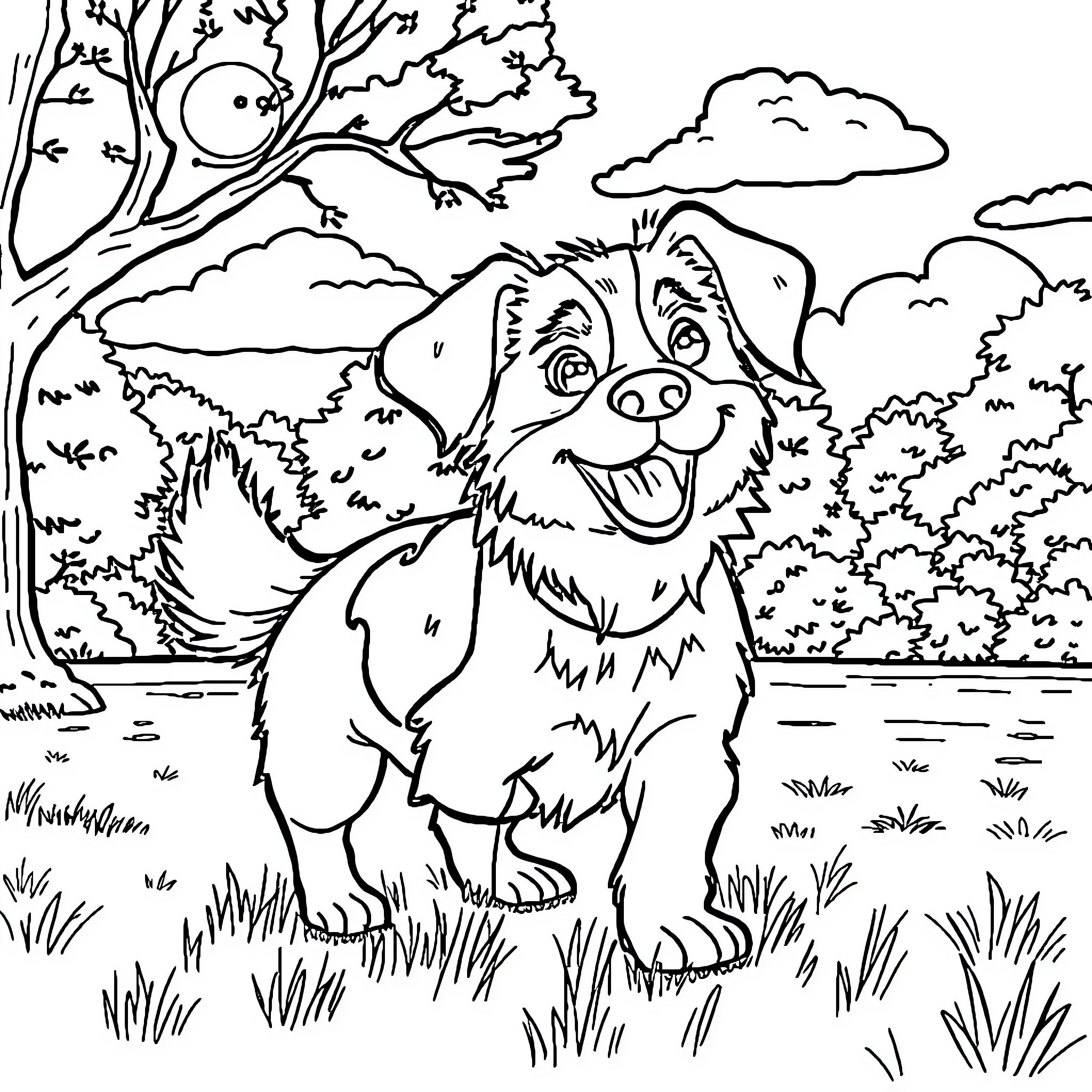 Dog enjoying the outdoors in nature Coloring Page (free black-and-white line drawing printable PDF for all, from beginners to advanced learners, including children, teens, adults, and seniors)