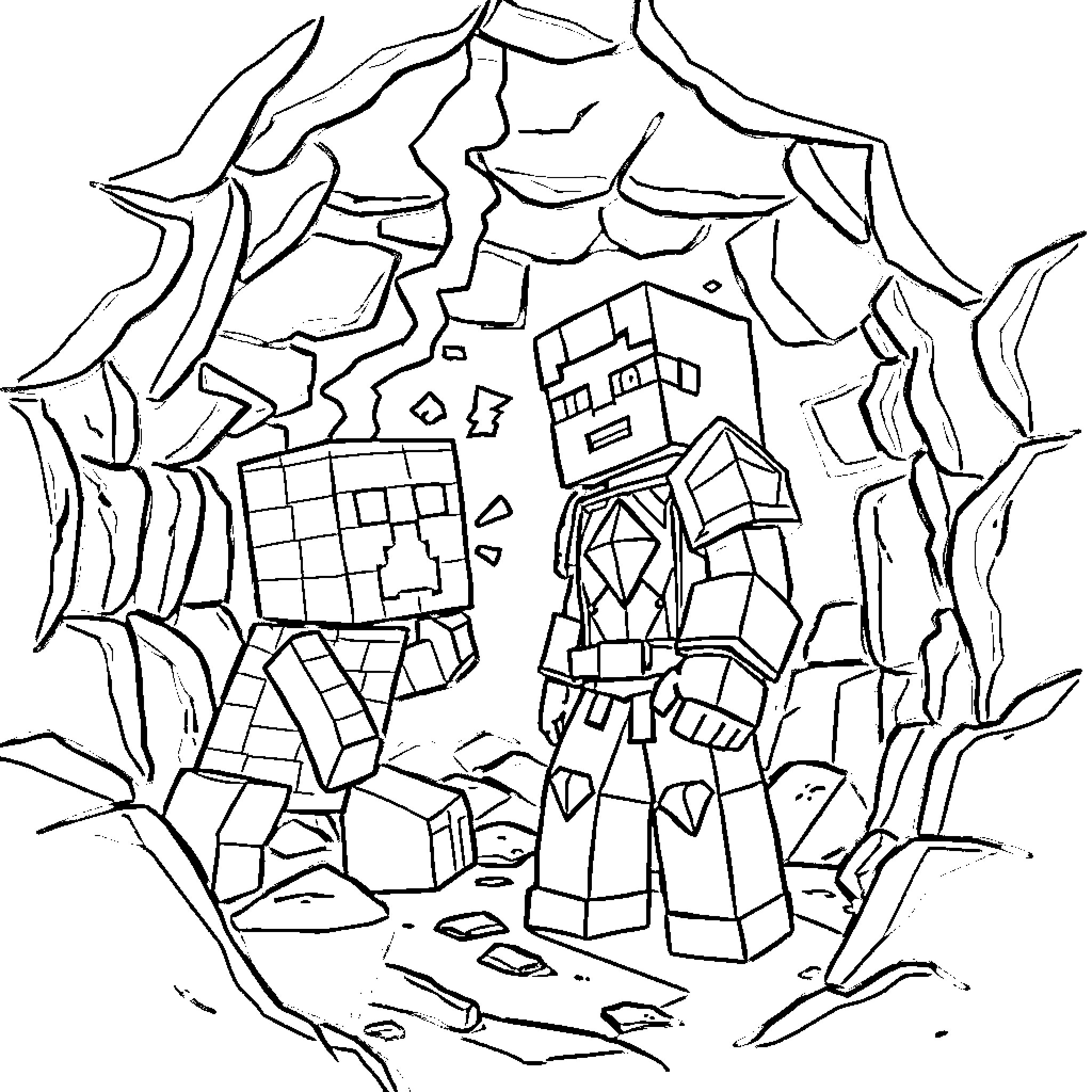 Steve's Cubic Adventure in the Crystalline Cavern Coloring Page (free black-and-white line drawing printable PDF for all, from beginners to advanced learners, including children, teens, adults, and seniors)