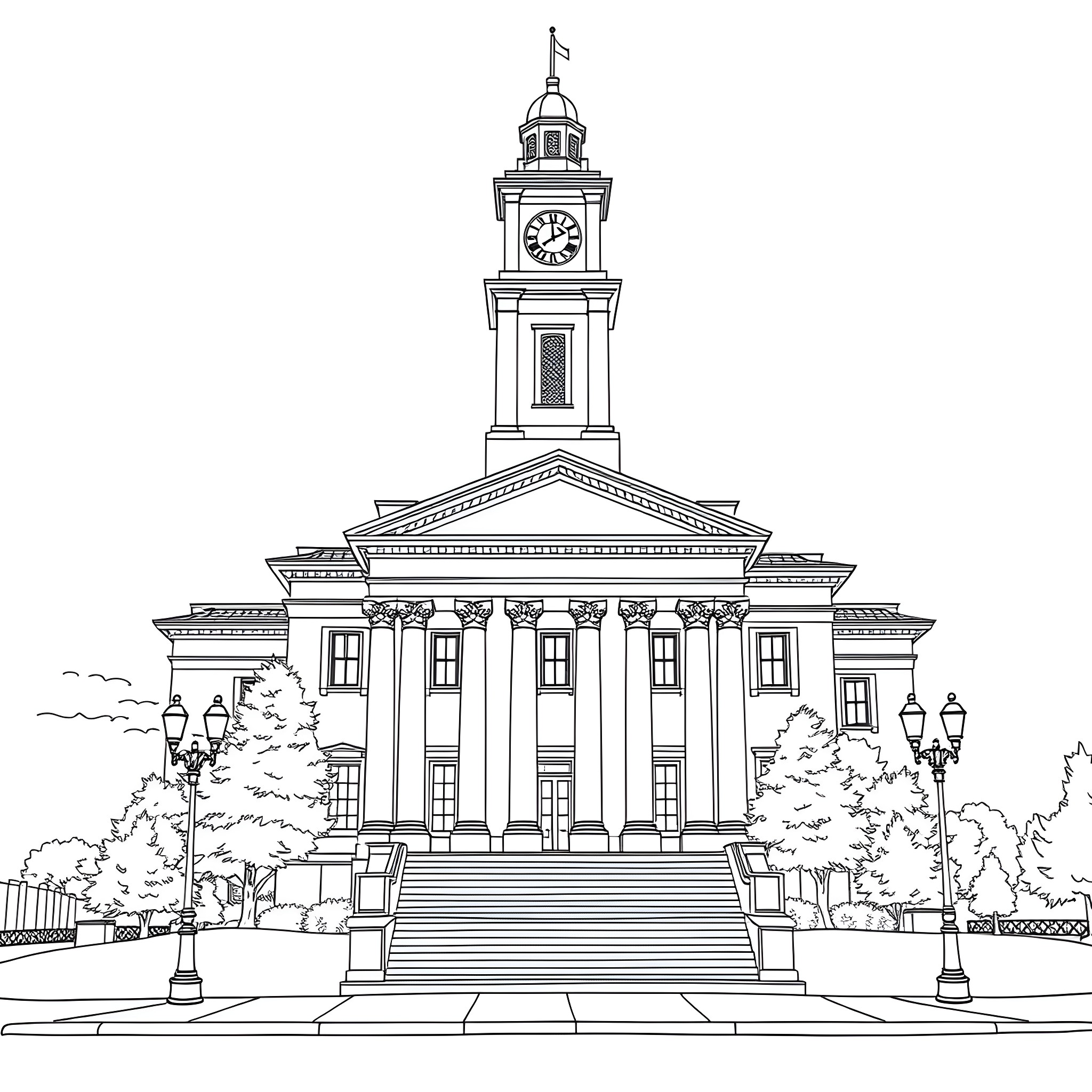 City Hall with majestic architecture and landscaping Coloring Page (free black-and-white line drawing printable PDF for all, from beginners to advanced learners, including children, teens, adults, and seniors)