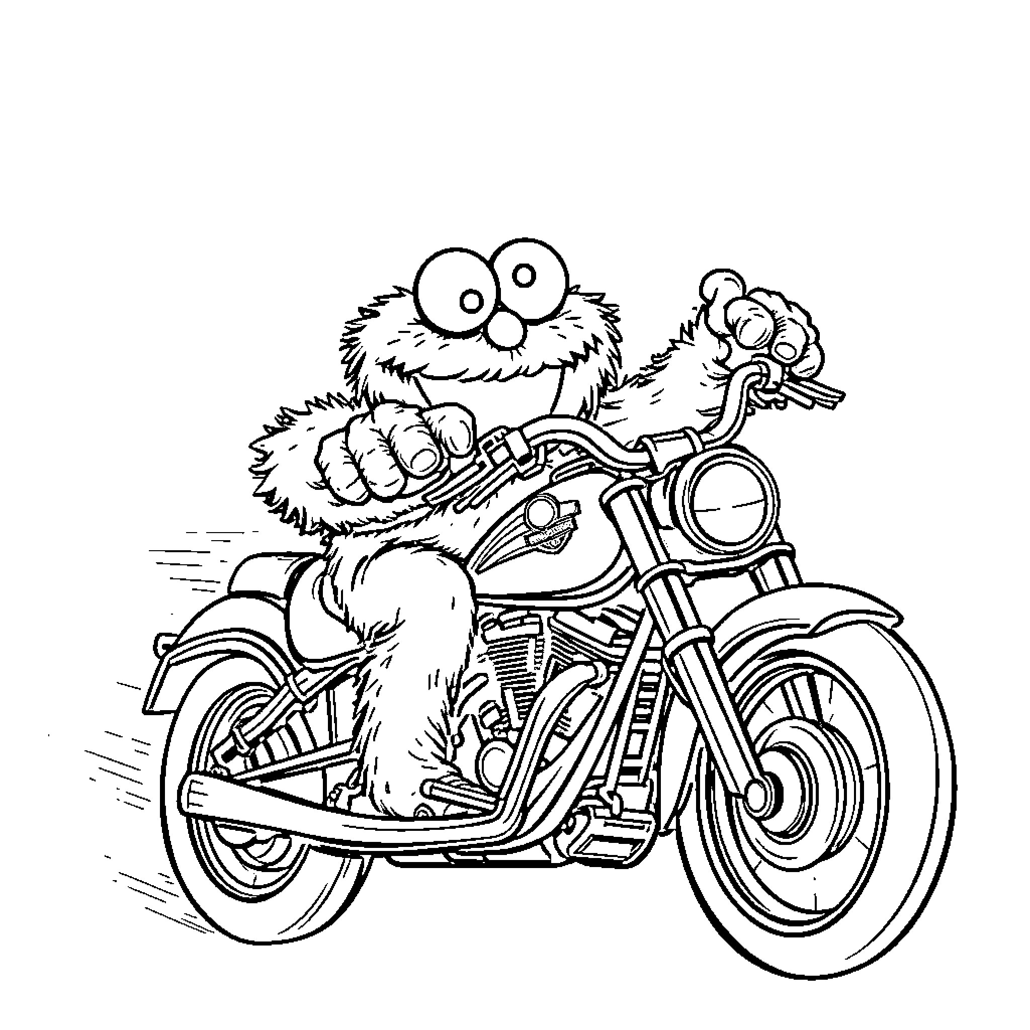 Cookie Monster riding a motorcycle with excitement Coloring Page (free black-and-white line drawing printable PDF for all, from beginners to advanced learners, including children, teens, adults, and seniors)