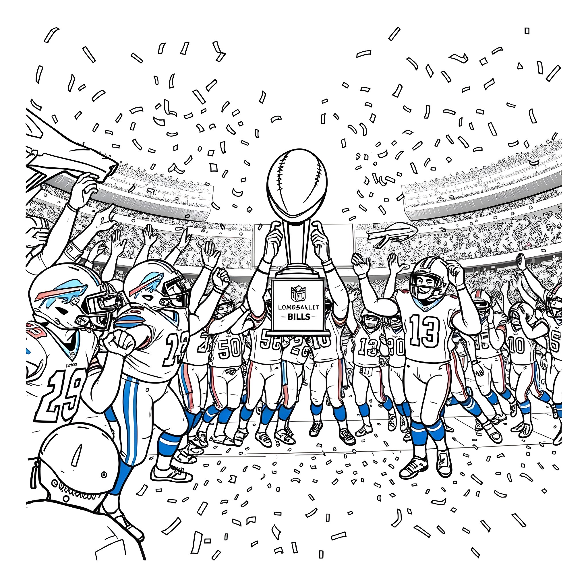Buffalo football players celebrating championship victory Coloring Page (free black-and-white line drawing printable PDF for all, from beginners to advanced learners, including children, teens, adults, and seniors)