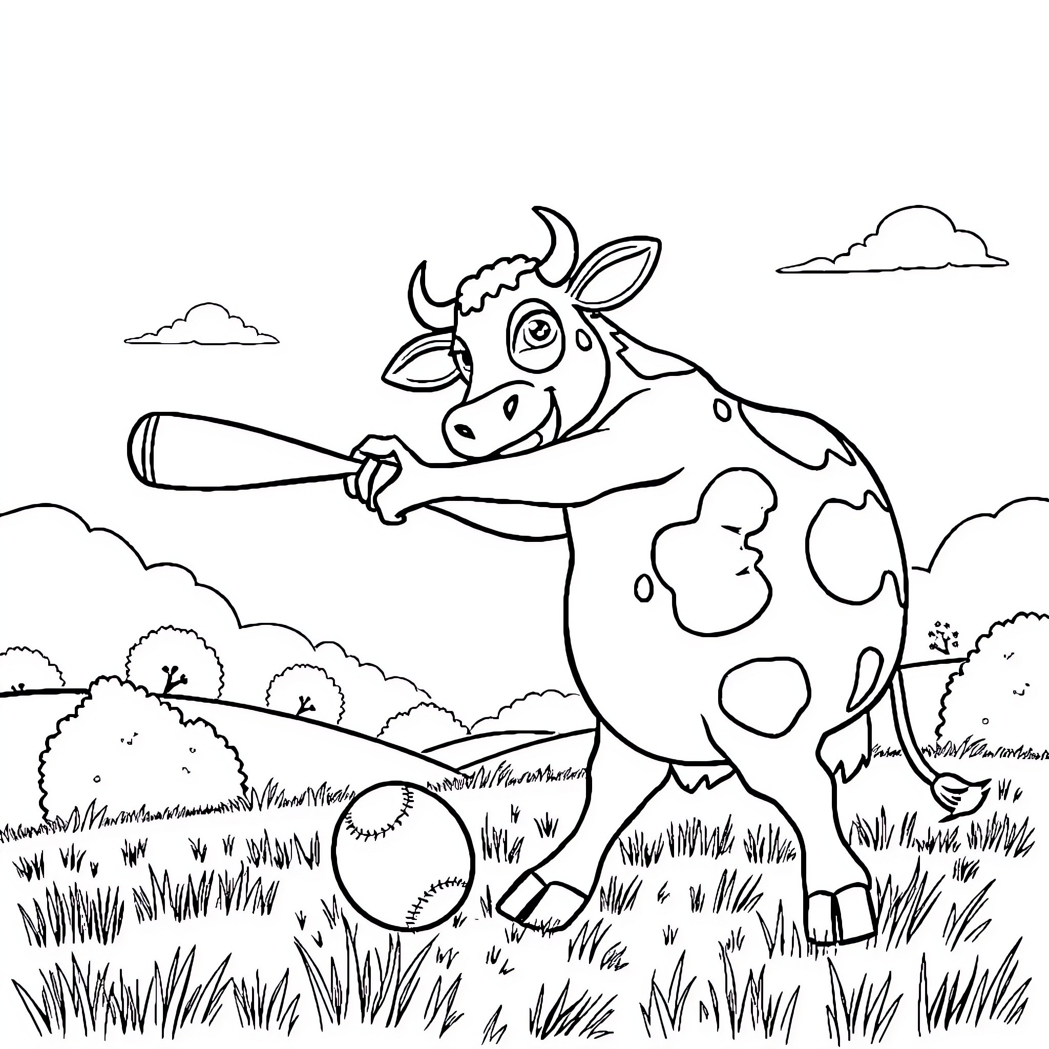 Cow playing with a stick in the countryside Coloring Page (free black-and-white line drawing printable PDF for all, from beginners to advanced learners, including children, teens, adults, and seniors)