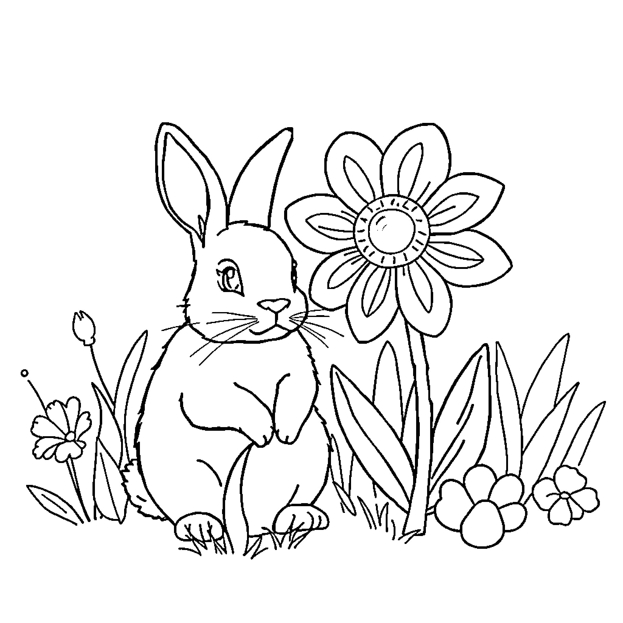 Flower bunny sitting among blooming flowers Coloring Page (free black-and-white line drawing printable PDF for all, from beginners to advanced learners, including children, teens, adults, and seniors)