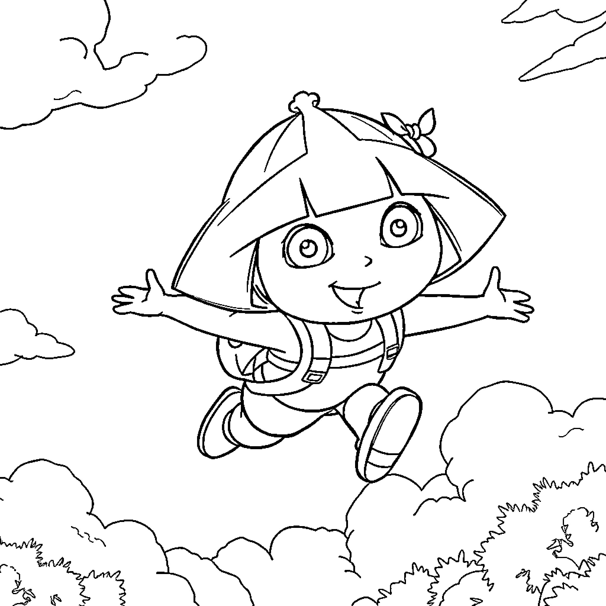 Dora exploring the outdoors with joy Coloring Page (free black-and-white line drawing printable PDF for all, from beginners to advanced learners, including children, teens, adults, and seniors)