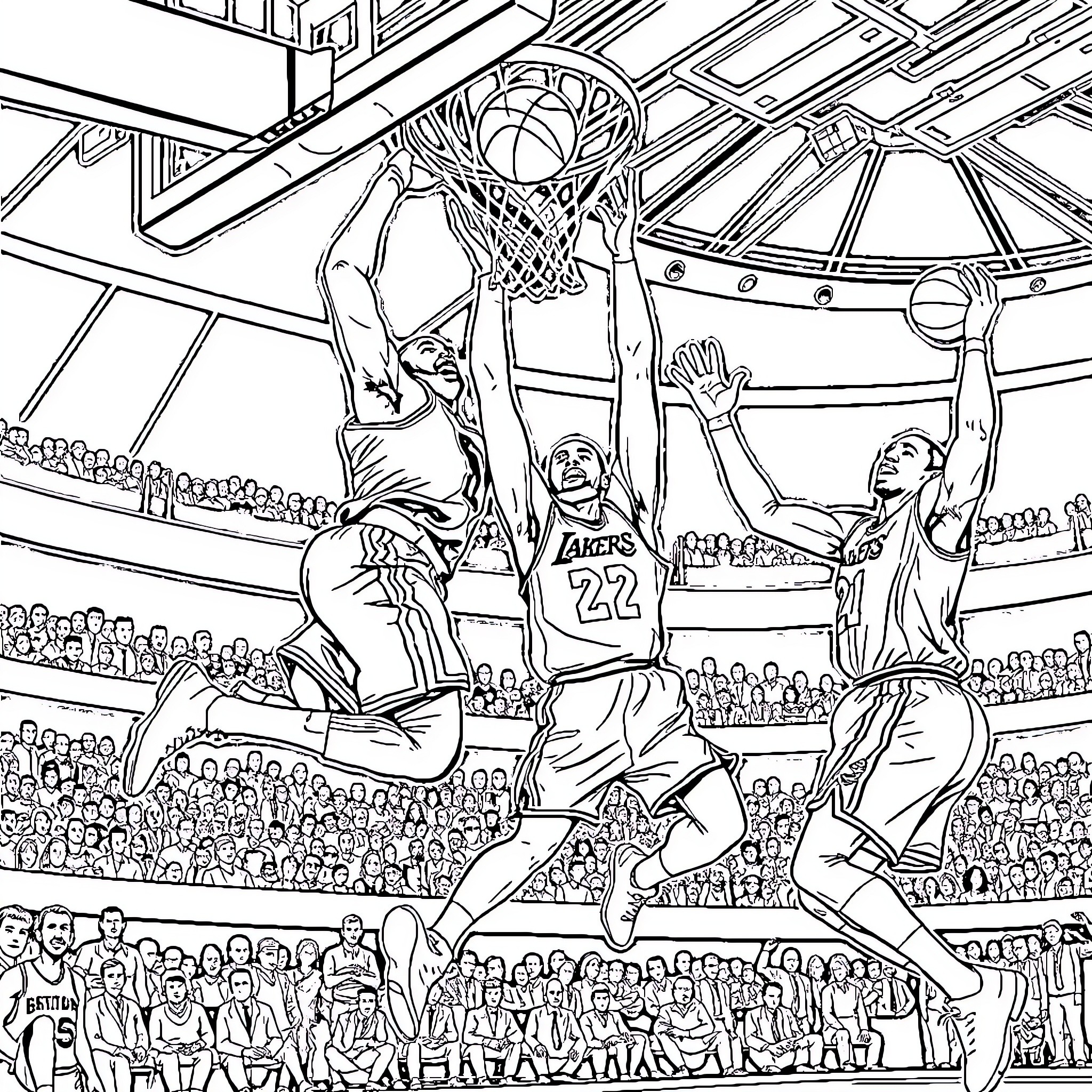 Basketball Player Scoring Slam Dunk in Arena Coloring Page (free black-and-white line drawing printable PDF for all, from beginners to advanced learners, including children, teens, adults, and seniors)