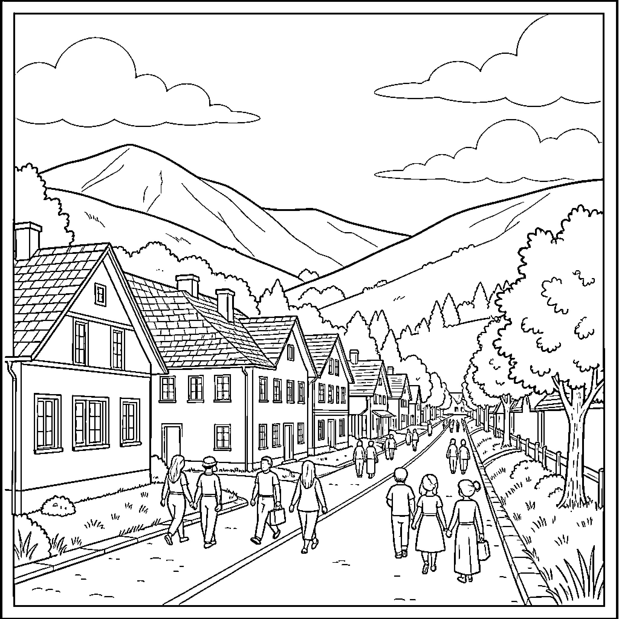 Medugorje - Peaceful Town with Mountainous Backdrop Coloring Page (free black-and-white line drawing printable PDF for all, from beginners to advanced learners, including children, teens, adults, and seniors)