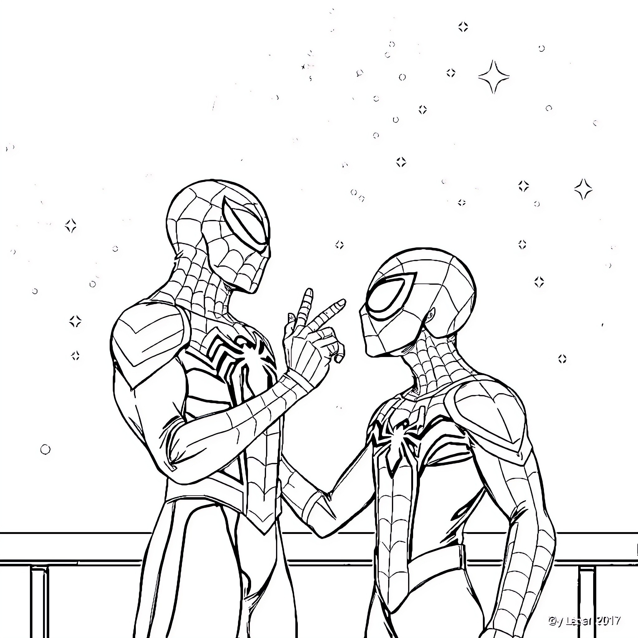 Spider-Man and Spider-Man team up in adventure Coloring Page (free black-and-white line drawing printable PDF for all, from beginners to advanced learners, including children, teens, adults, and seniors)