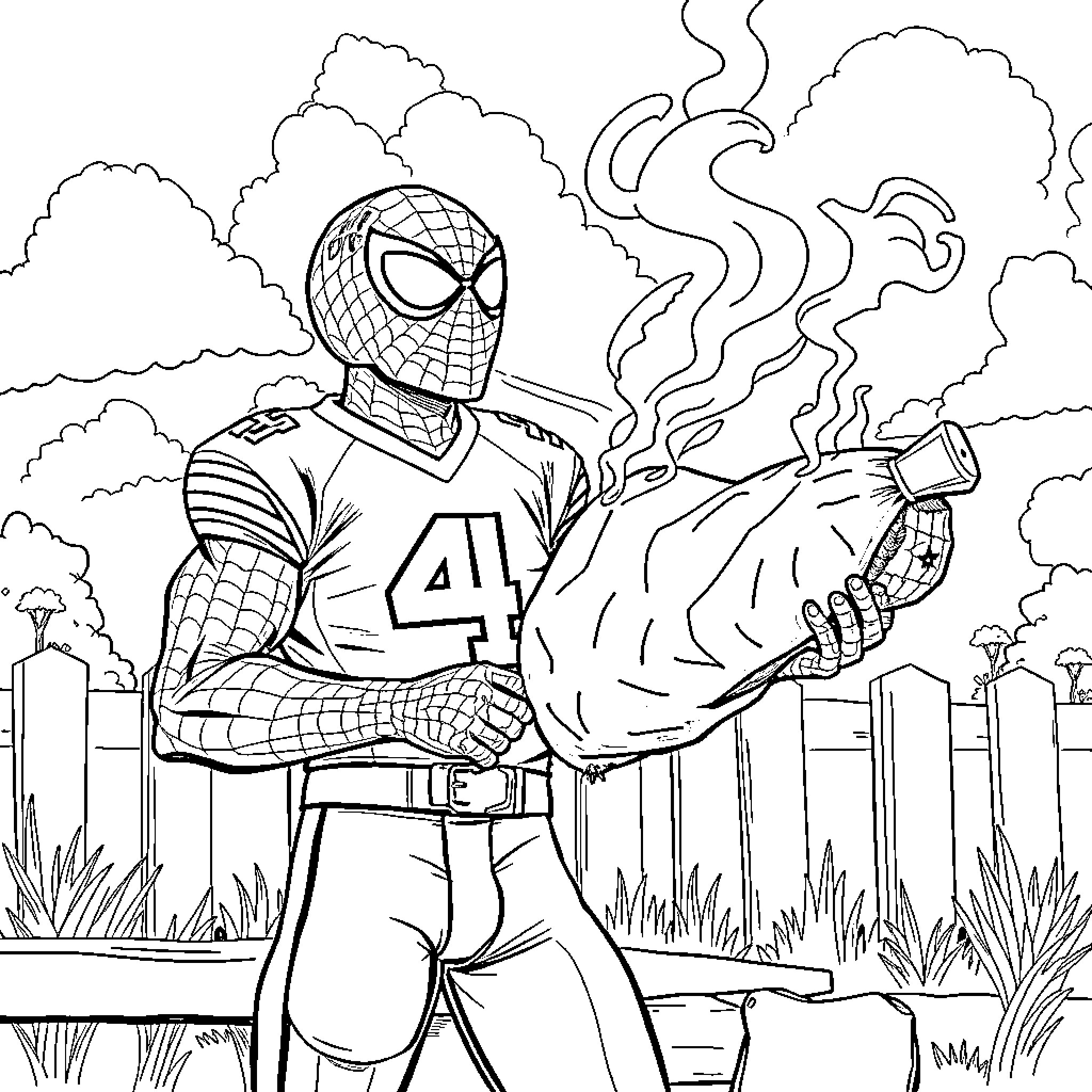 Spin Superhero in Action-Packed Scene Coloring Page (free black-and-white line drawing printable PDF for all, from beginners to advanced learners, including children, teens, adults, and seniors)