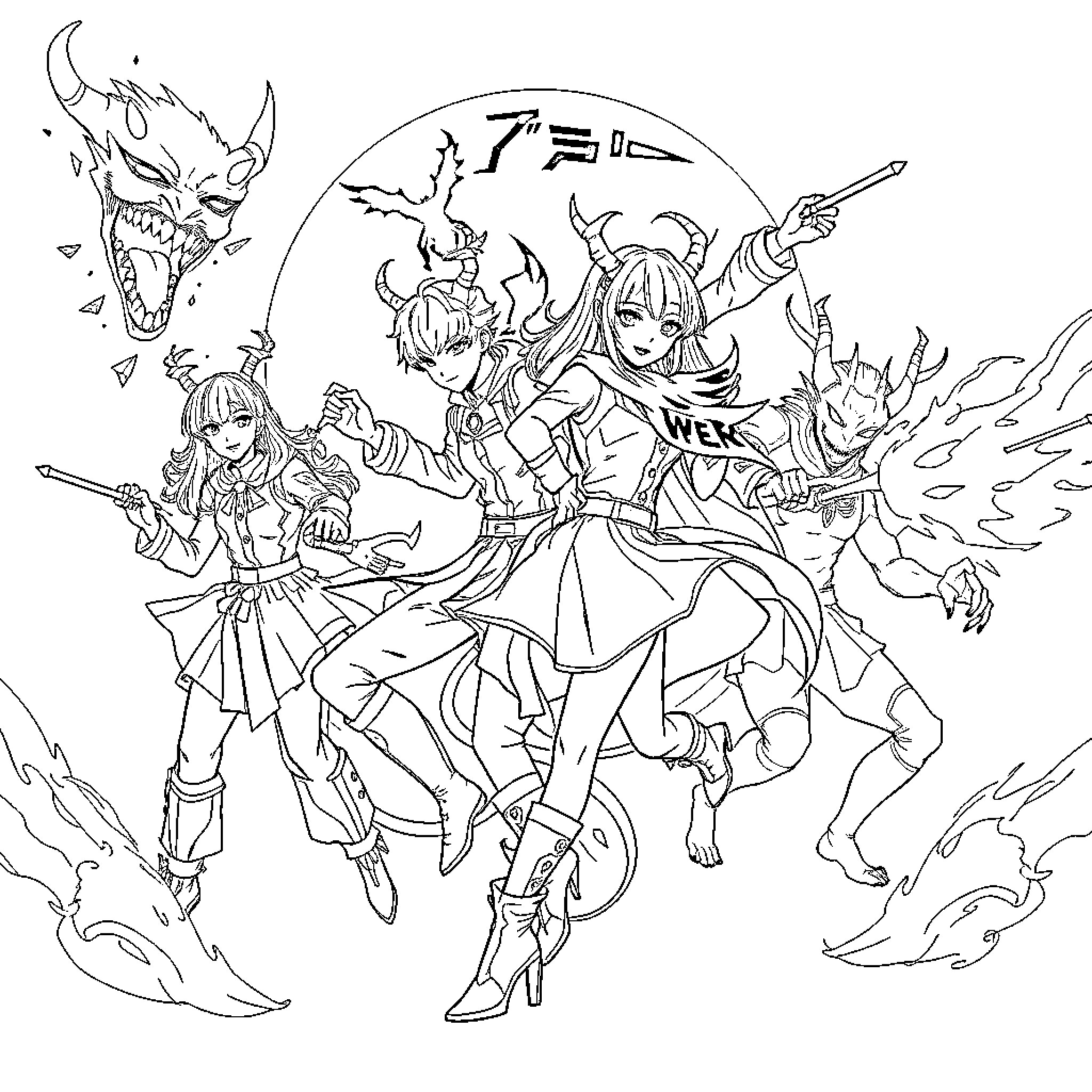 Demon Hunter Trio Unleashing Fierce Power Coloring Page (free black-and-white line drawing printable PDF for all, from beginners to advanced learners, including children, teens, adults, and seniors)